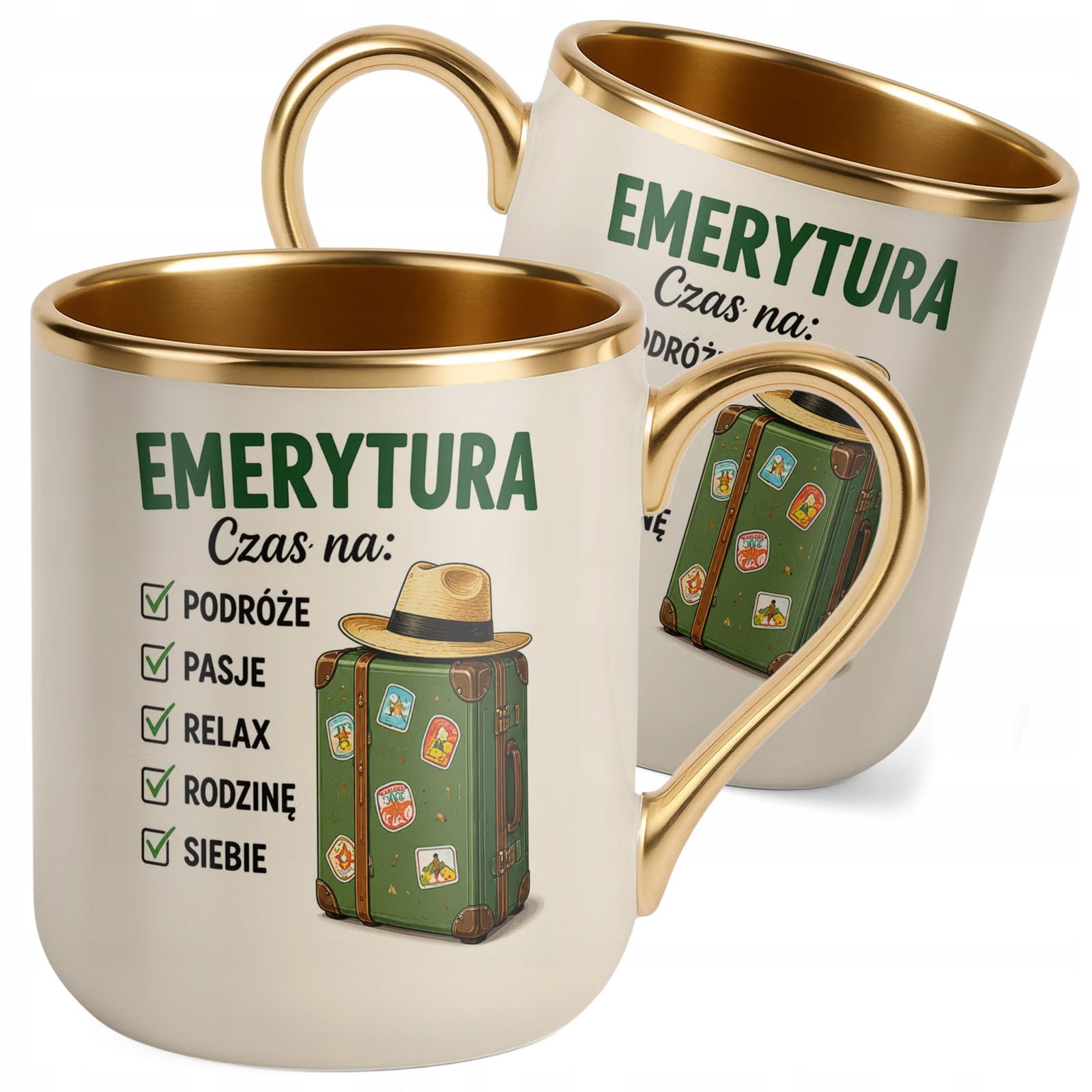 Kubek z nadrukiem Premium Złoty Ecru Emerytura Dla Emeryta Emerytki Prezent