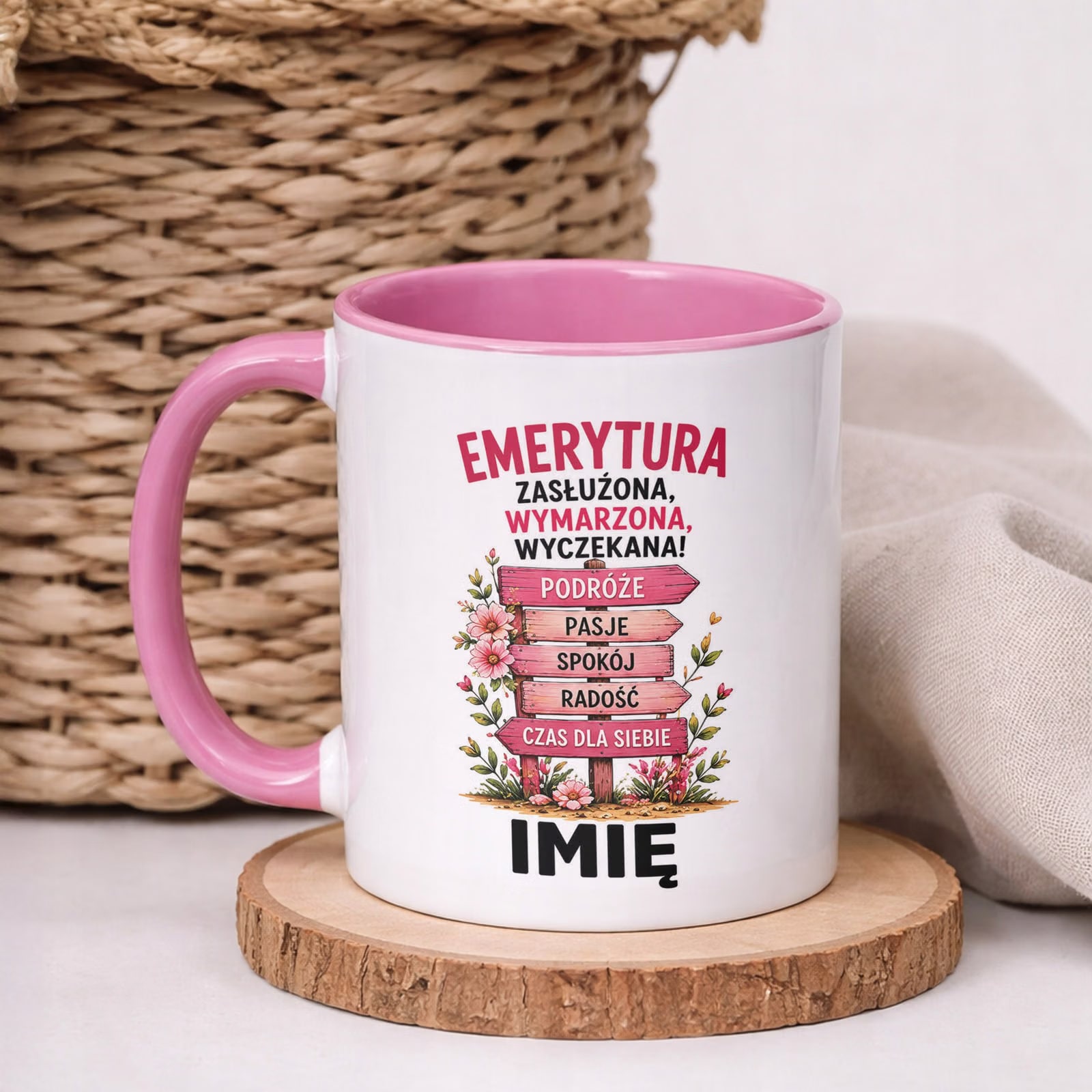 Kubek Różowy Personalizowany z Nadrukiem Emerytura Dla Emerytki Prezent