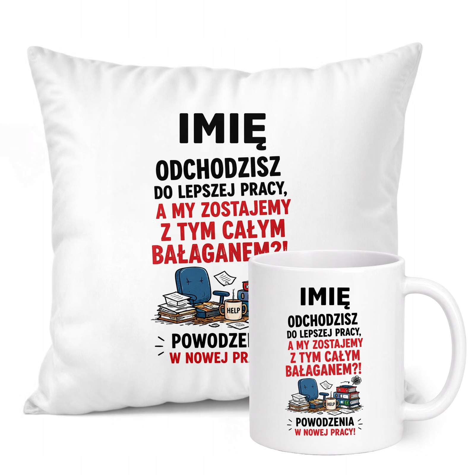 Zestaw Personalizowany Kubek Biały Poduszka Odejście z Pracy Prezent