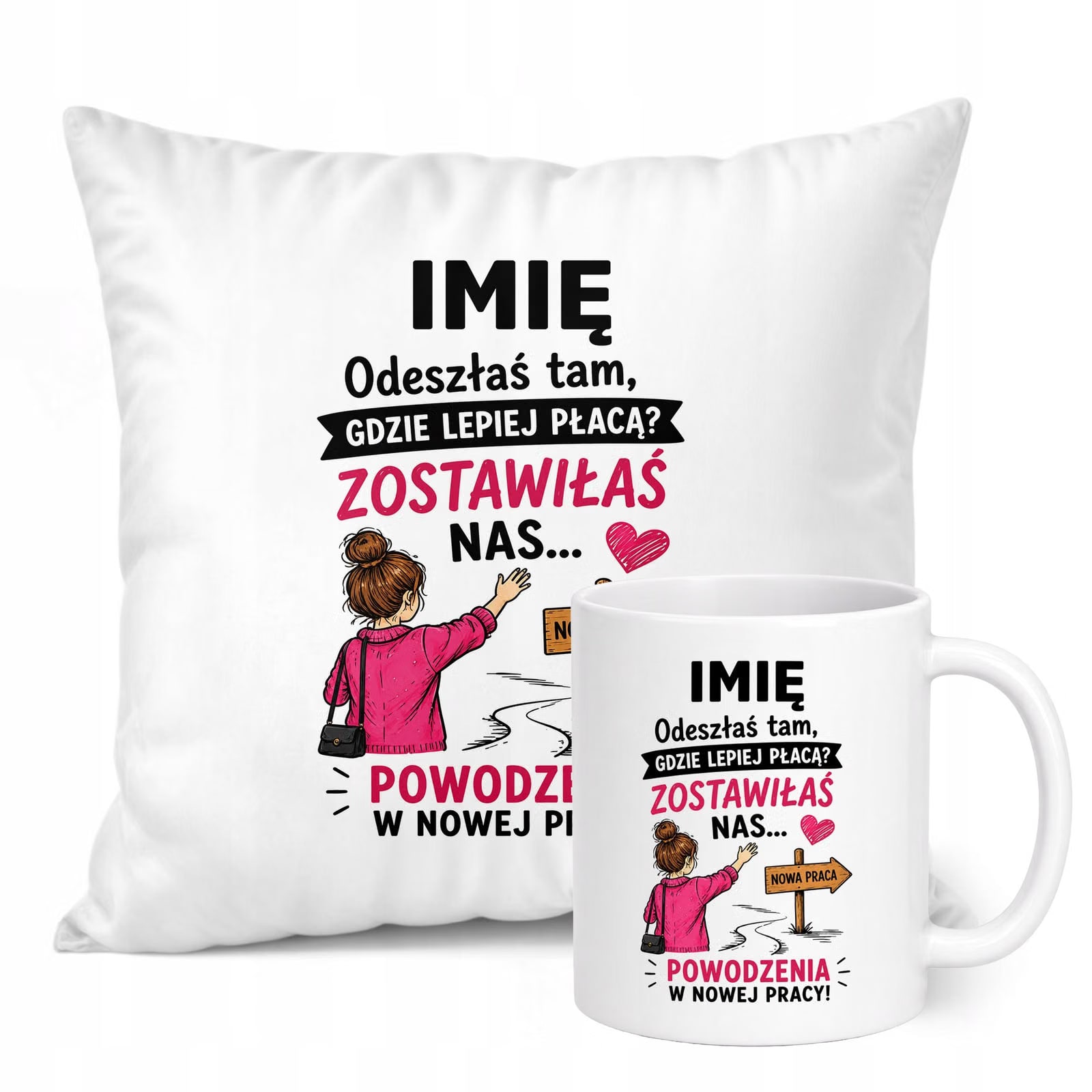 Zestaw Personalizowany Kubek Biały Poduszka Odejście z Pracy Prezent