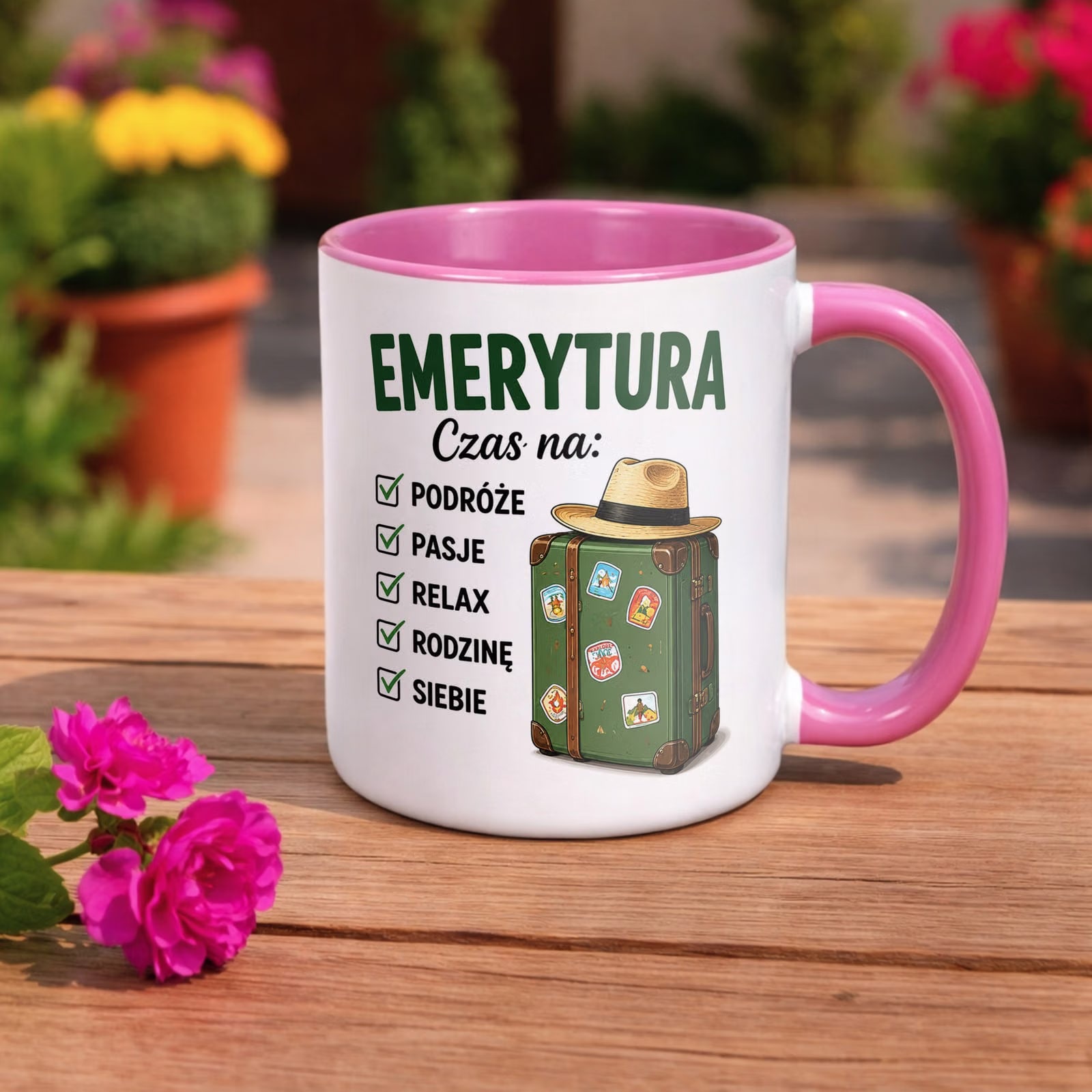 Zestaw Kubek Różowy Poduszka Z Nadrukiem Emerytura Prezent
