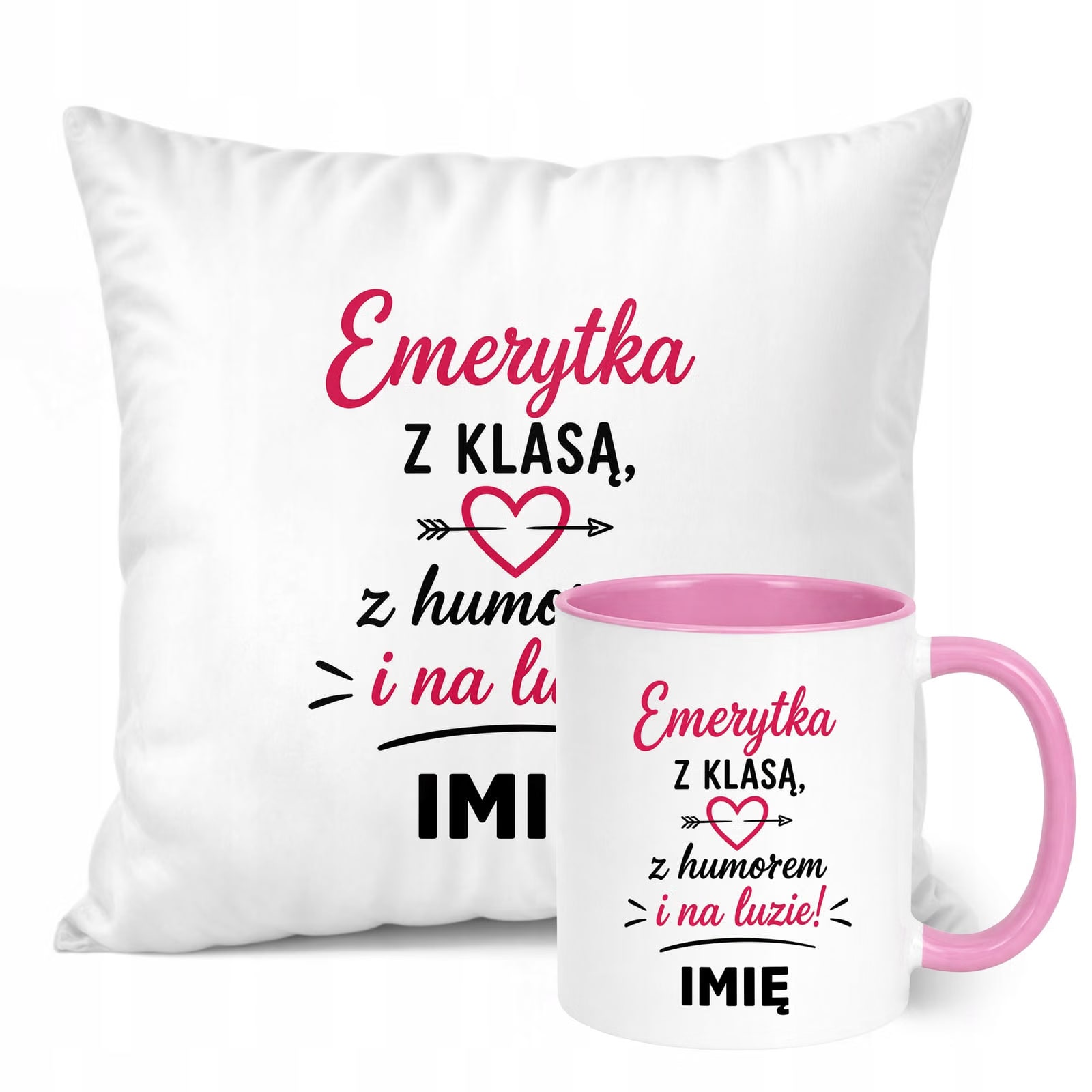 Zestaw Personalizowany Kubek Różowy Poduszka Emerytura Upominek Prezent