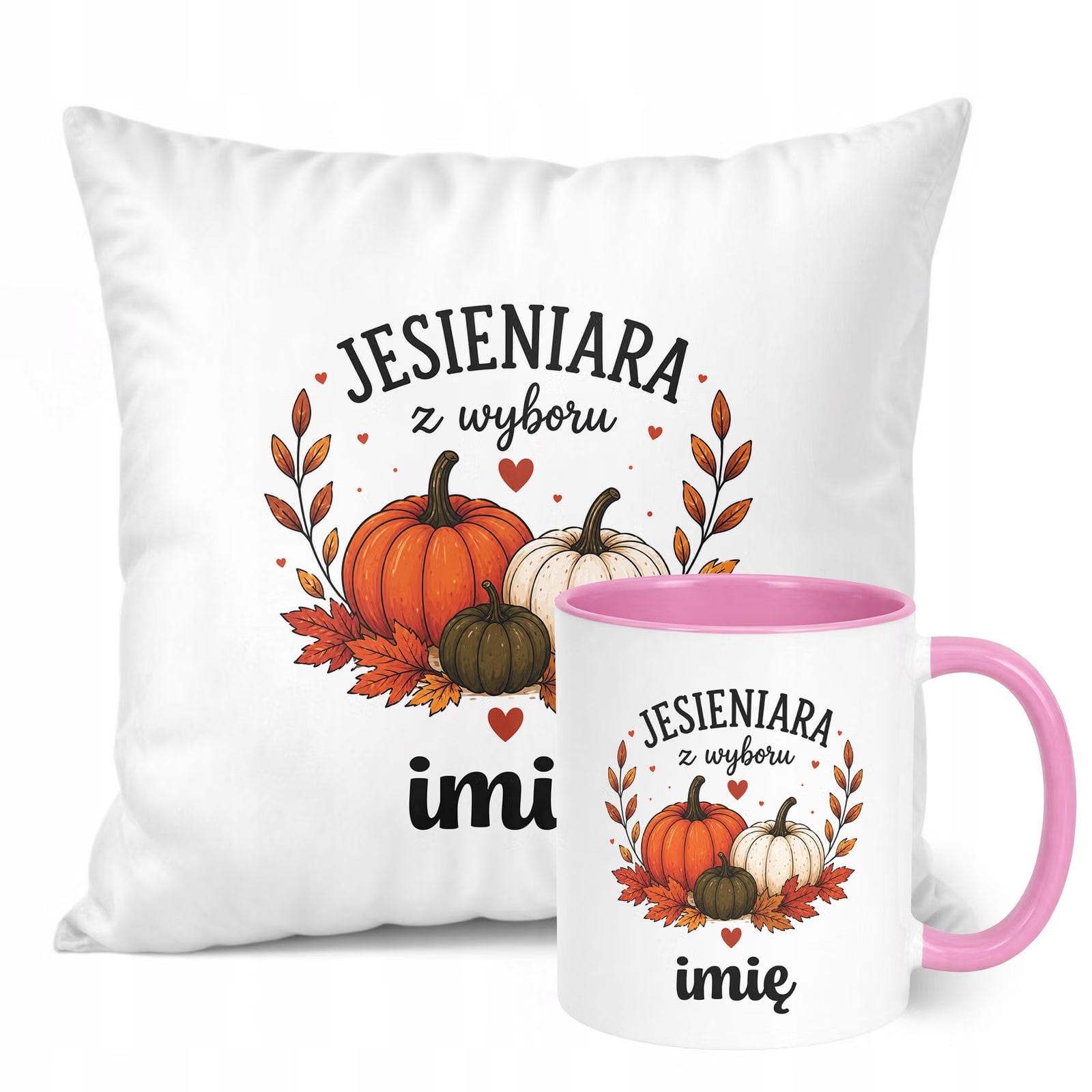 Zestaw Personalizowany Kubek Różowy Poduszka Jesień Jesienny Z Nadrukiem