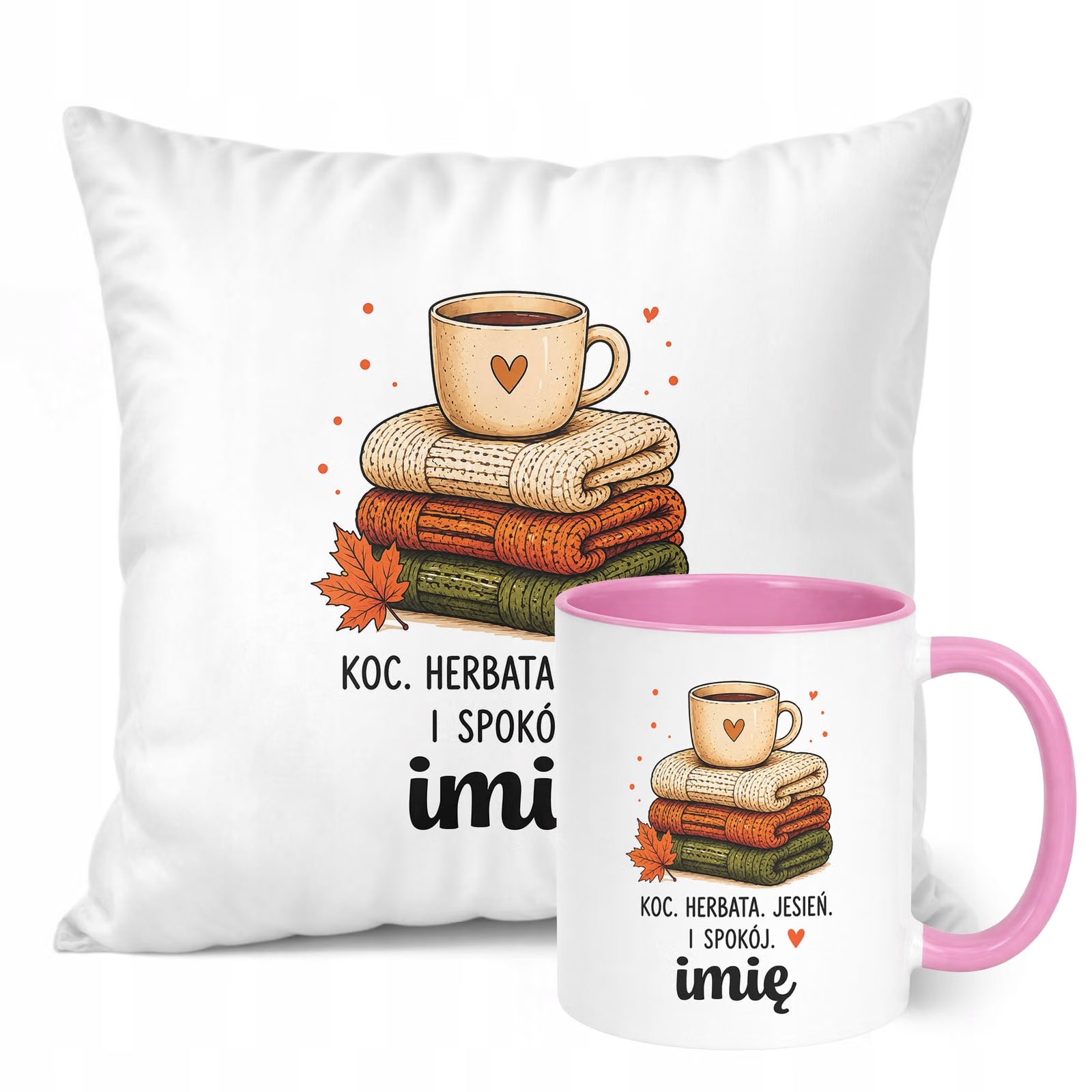 Zestaw Personalizowany Kubek Różowy Poduszka Jesień Jesienny Z Nadrukiem