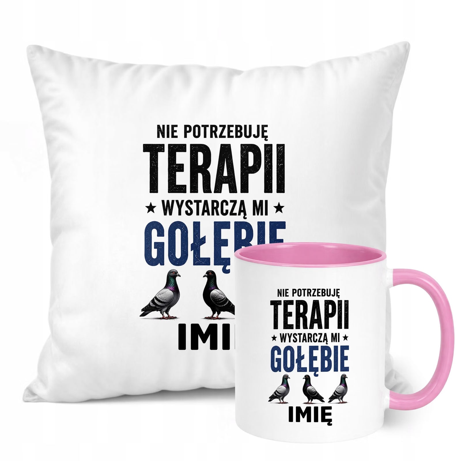 Zestaw Personalizowany Kubek Różowy Poduszka Z Nadrukiem Dla Gołębiarza