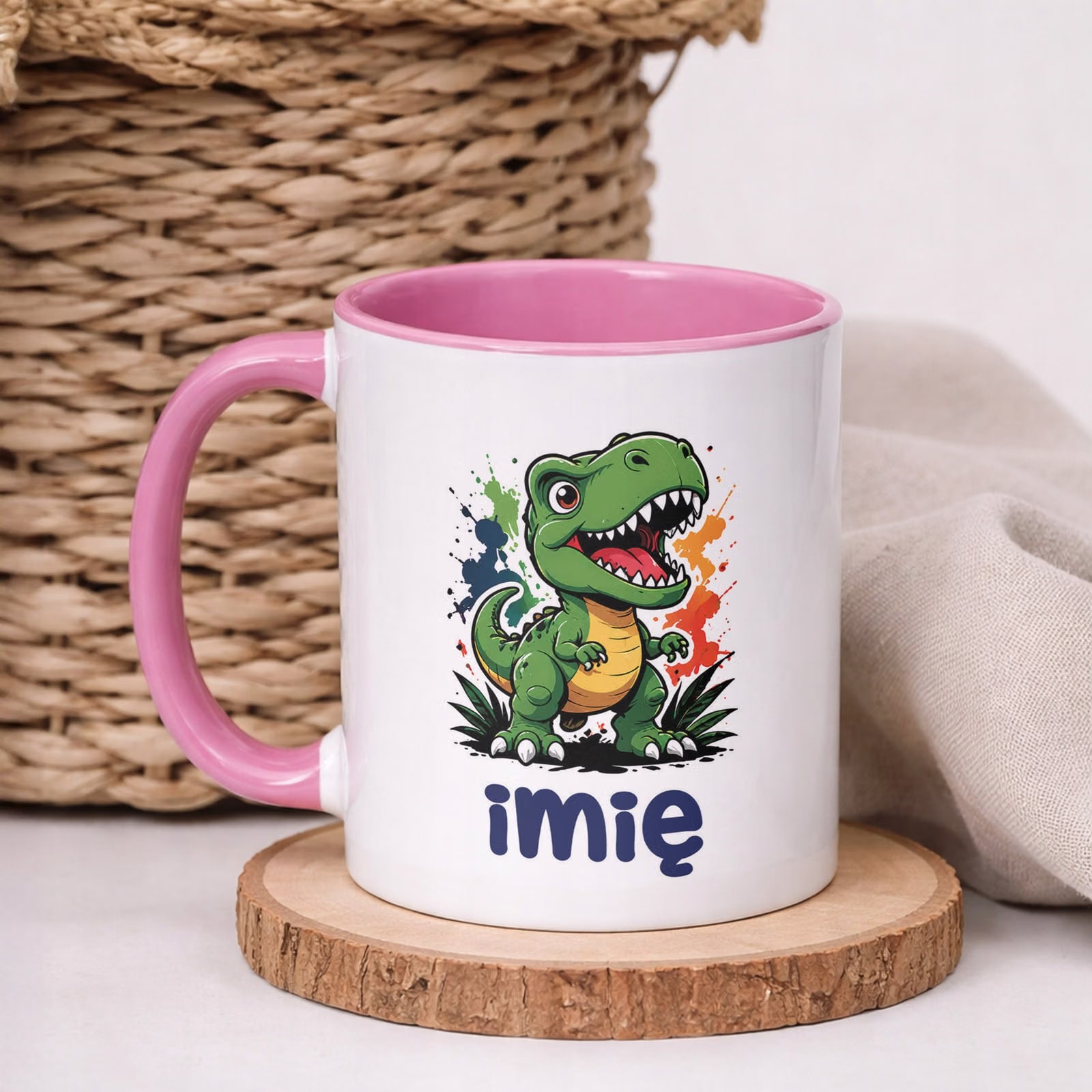 Kubek Różowy z nadrukiem personalizowany Dinozaur Dla Dzieci Prezent