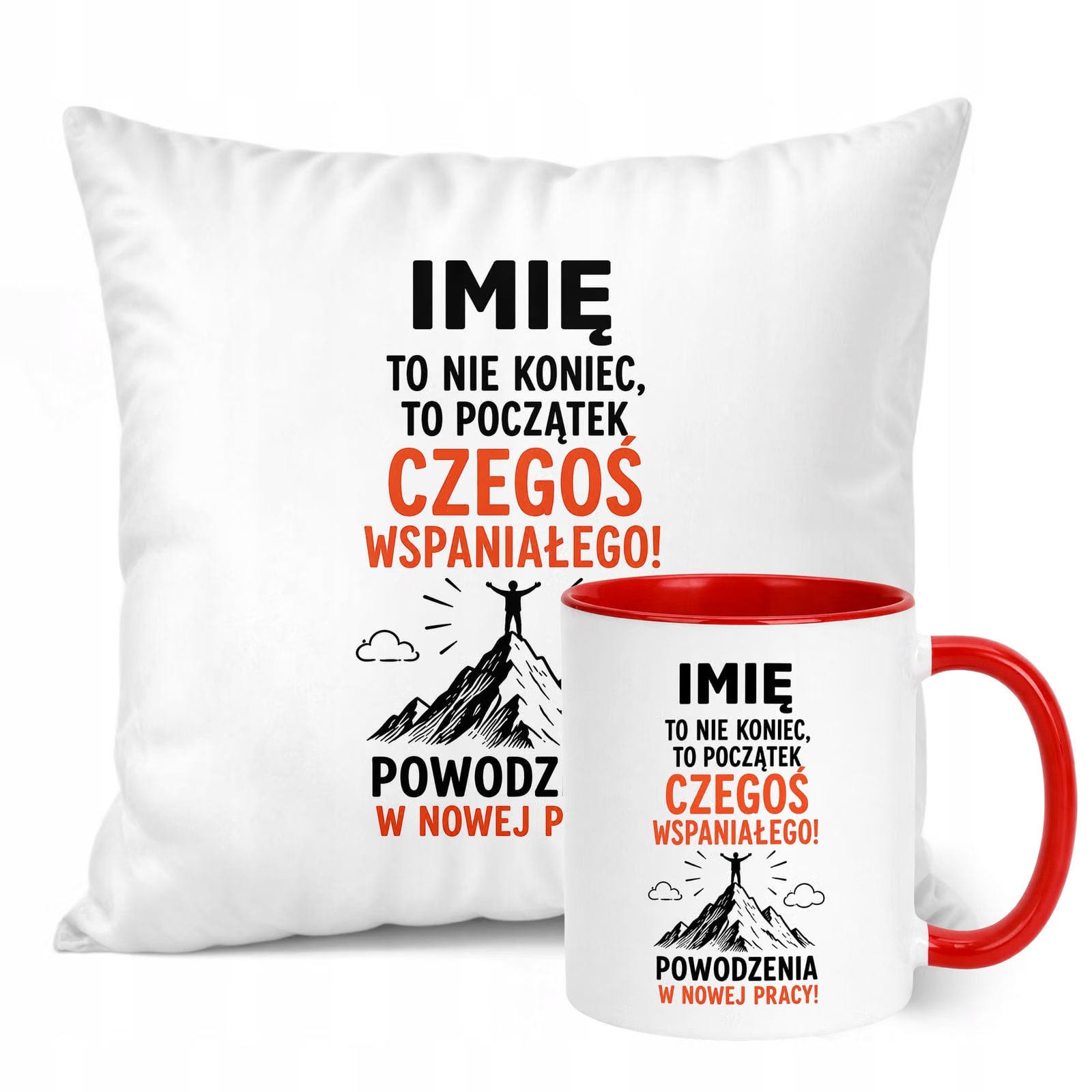 Zestaw Personalizowany Kubek Czerwony Poduszka Odejście z Pracy Prezent