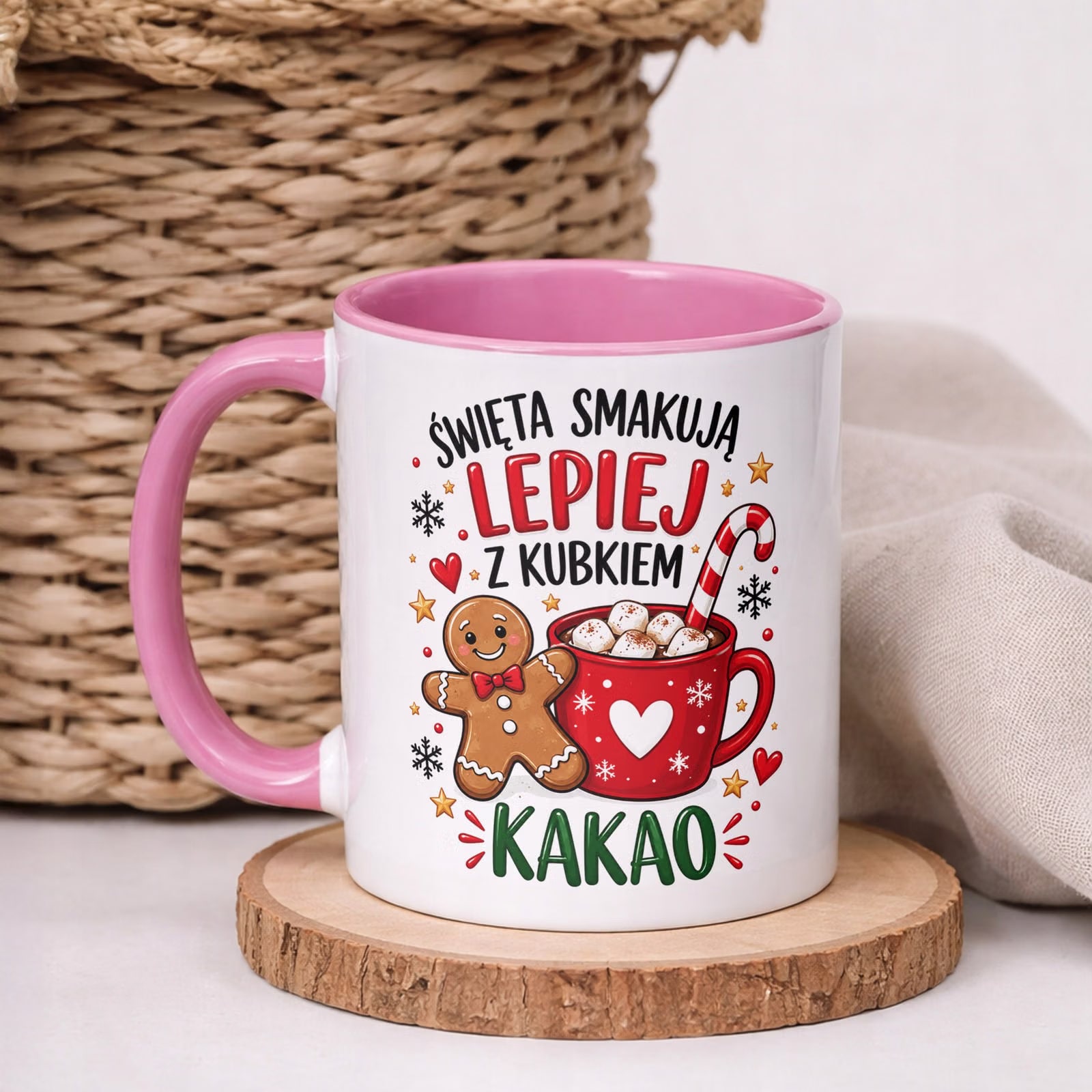 Kubek Różowy Boże Narodzenie Mikołajki Święta Kakao Piernik Prezent