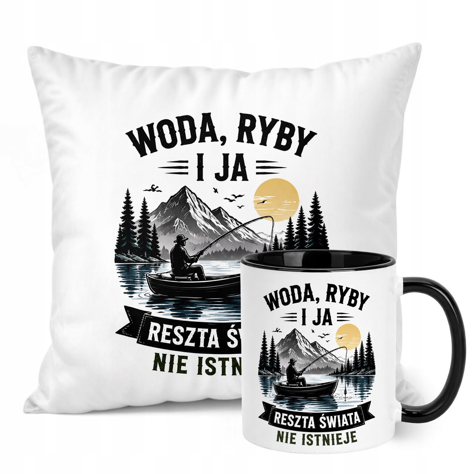 Zestaw Kubek Czarny Poduszka Z Nadrukiem Dla Wędkarza Prezent