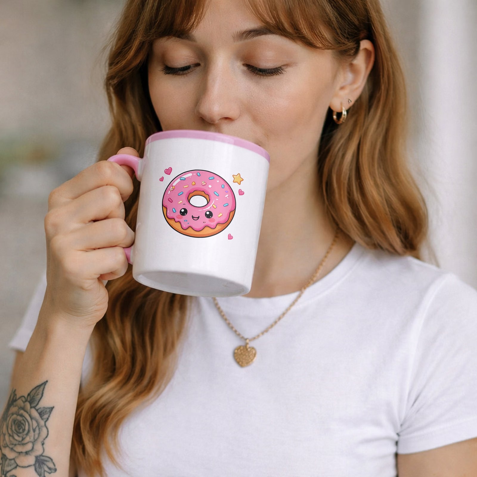Zestaw Kubek Różowy Poduszka Z Nadrukiem Kawaii Pączek Prezent