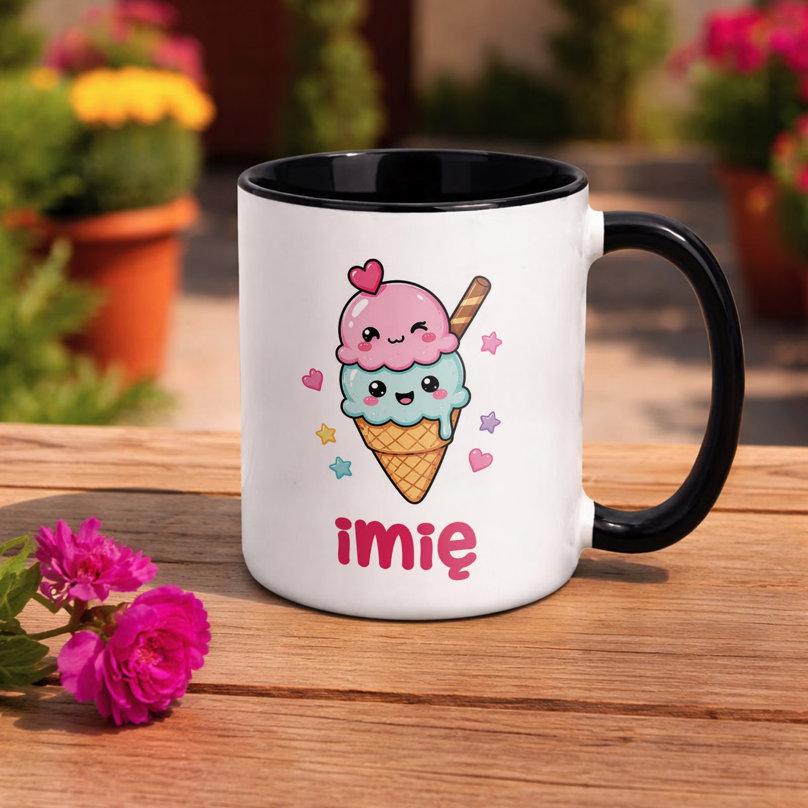 Kubek Czarny z nadrukiem personalizowany Kawaii Lody Dla Dzieci Prezent