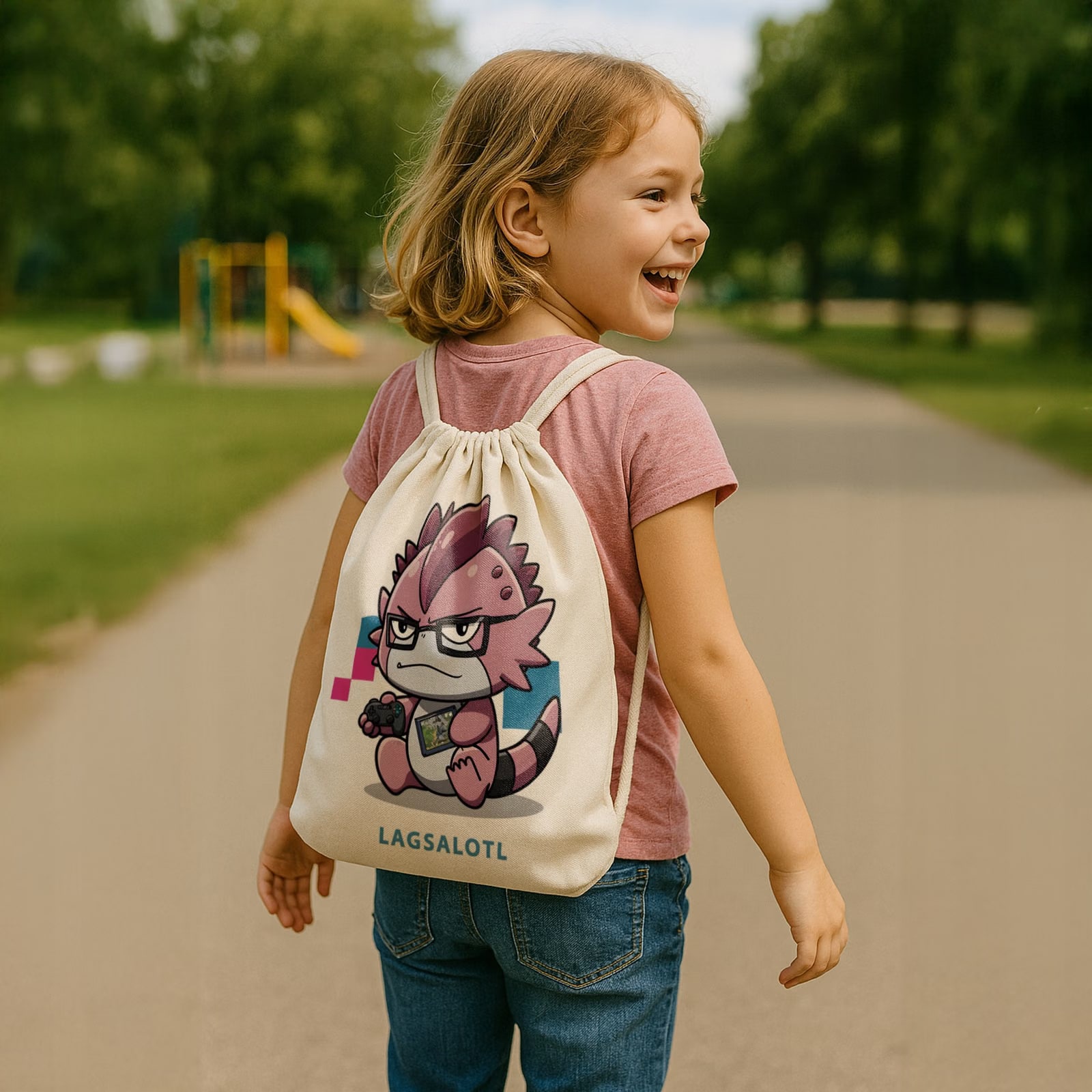 Plecak na sznurkach ecru dzieci Aksolotl Axolotl Różowy Uśmiech Gra Trend
