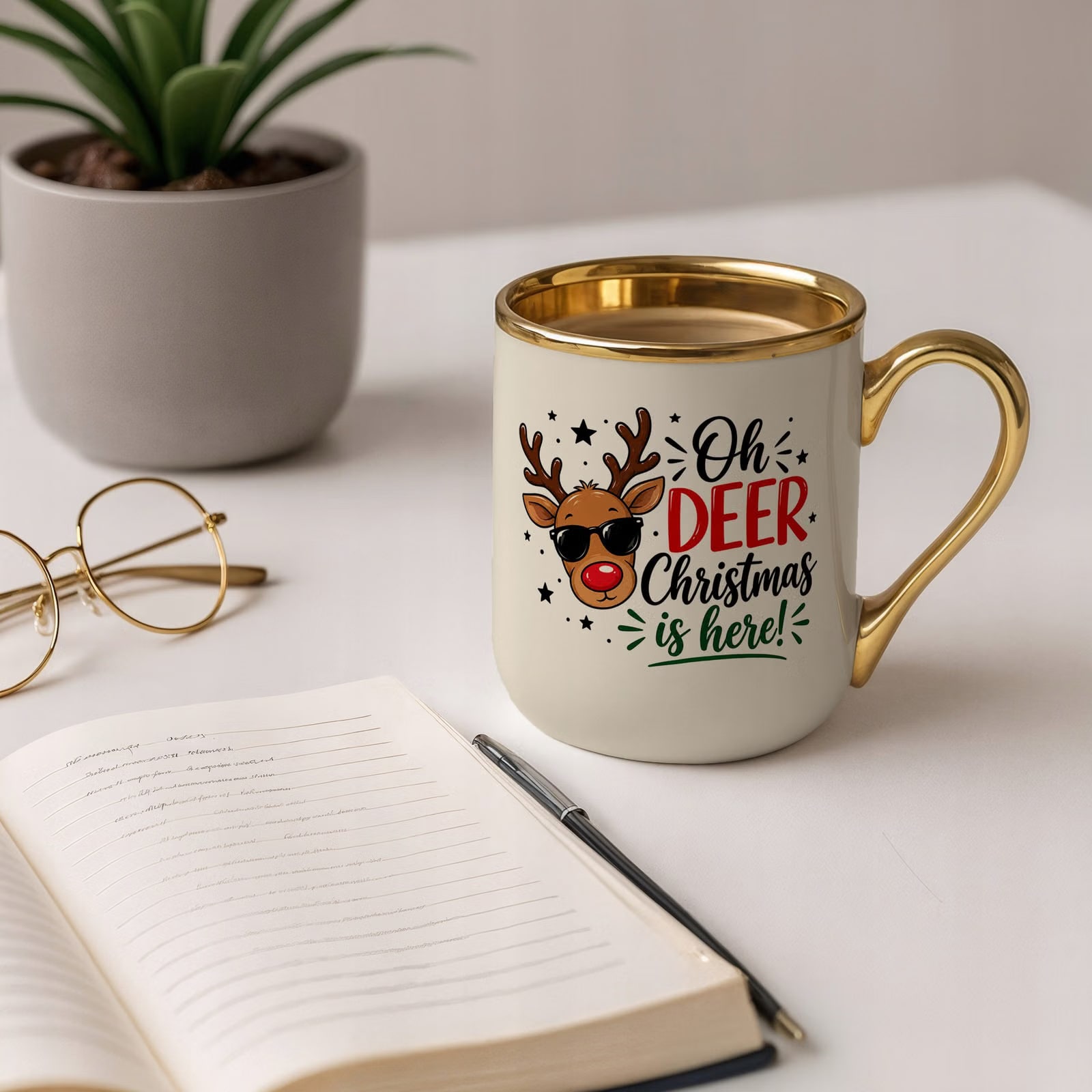 Kubek Premium Złoty Ecru Boże Narodzenie Mikołajki Oh Deer Renifer Prezent