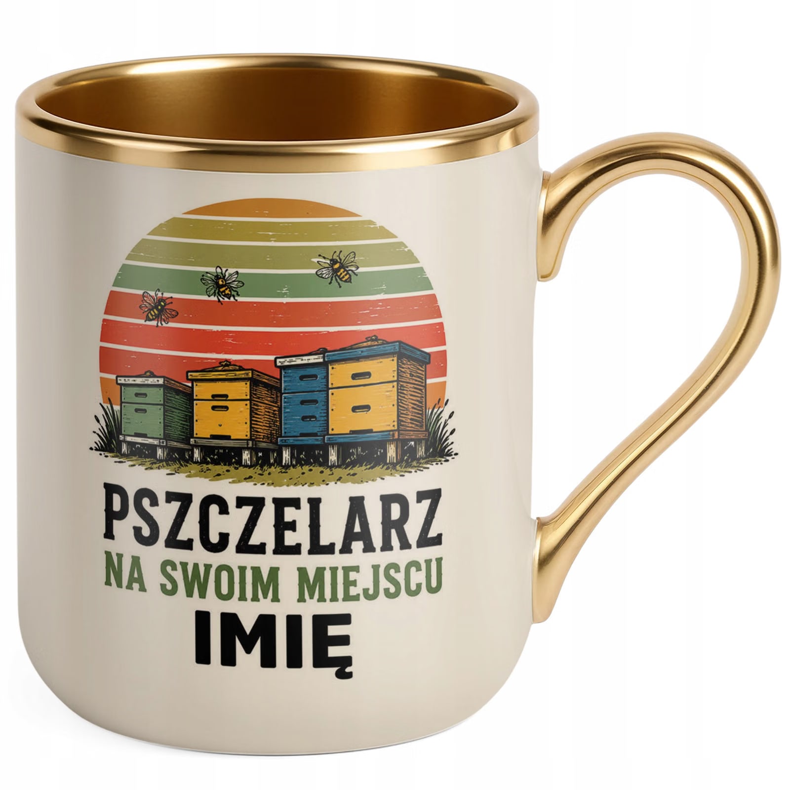 Kubek Personalizowany z nadrukiem Premium Złoty Ecru Dla Pszczelarza