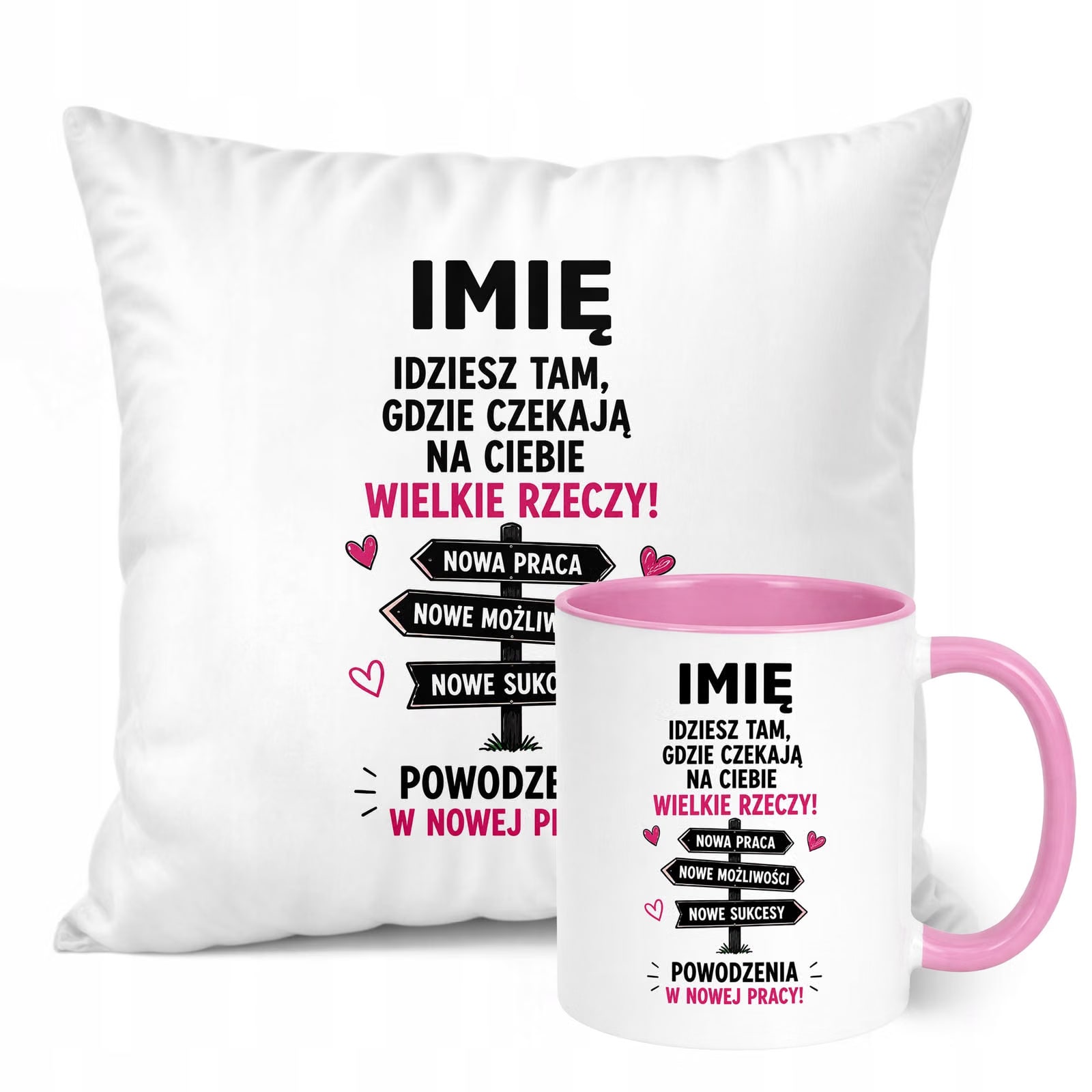 Zestaw Personalizowany Kubek Różowy Poduszka Odejście z Pracy Prezent