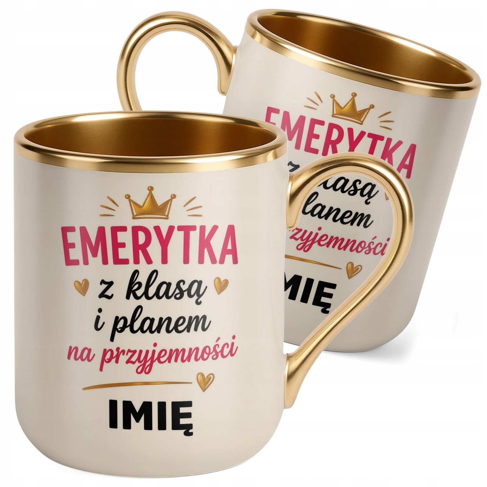 Kubek Personalizowany z nadrukiem Premium Złoty Ecru Emerytura Prezent