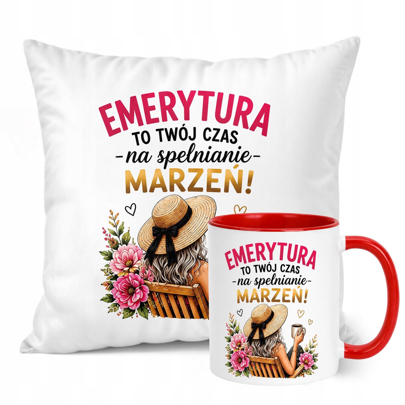 Zestaw Kubek Czerwony Poduszka Z Nadrukiem Emerytura Dla Emerytki Prezent