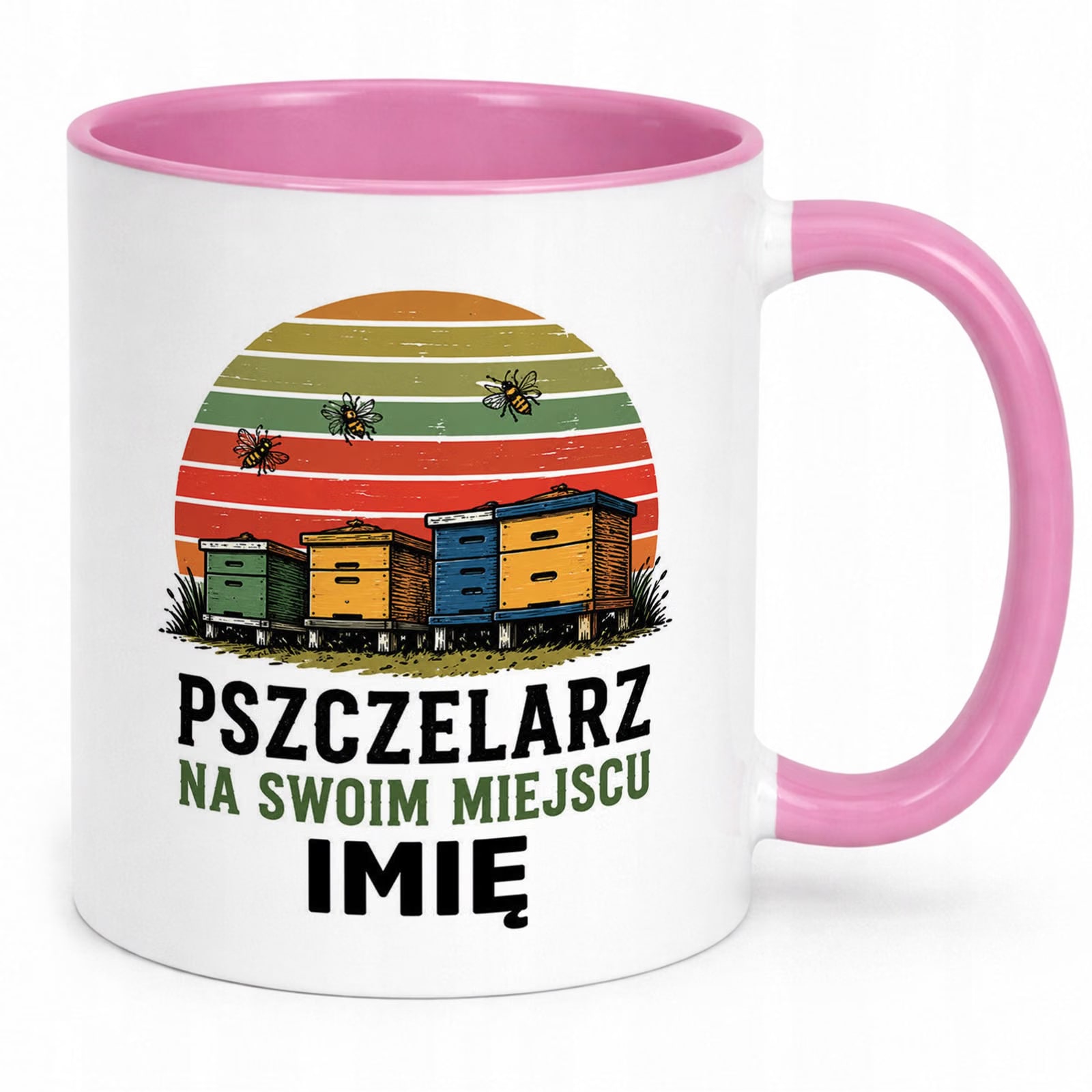 Zestaw Personalizowany Kubek Różowy Poduszka Z Nadrukiem Dla Pszczelarza