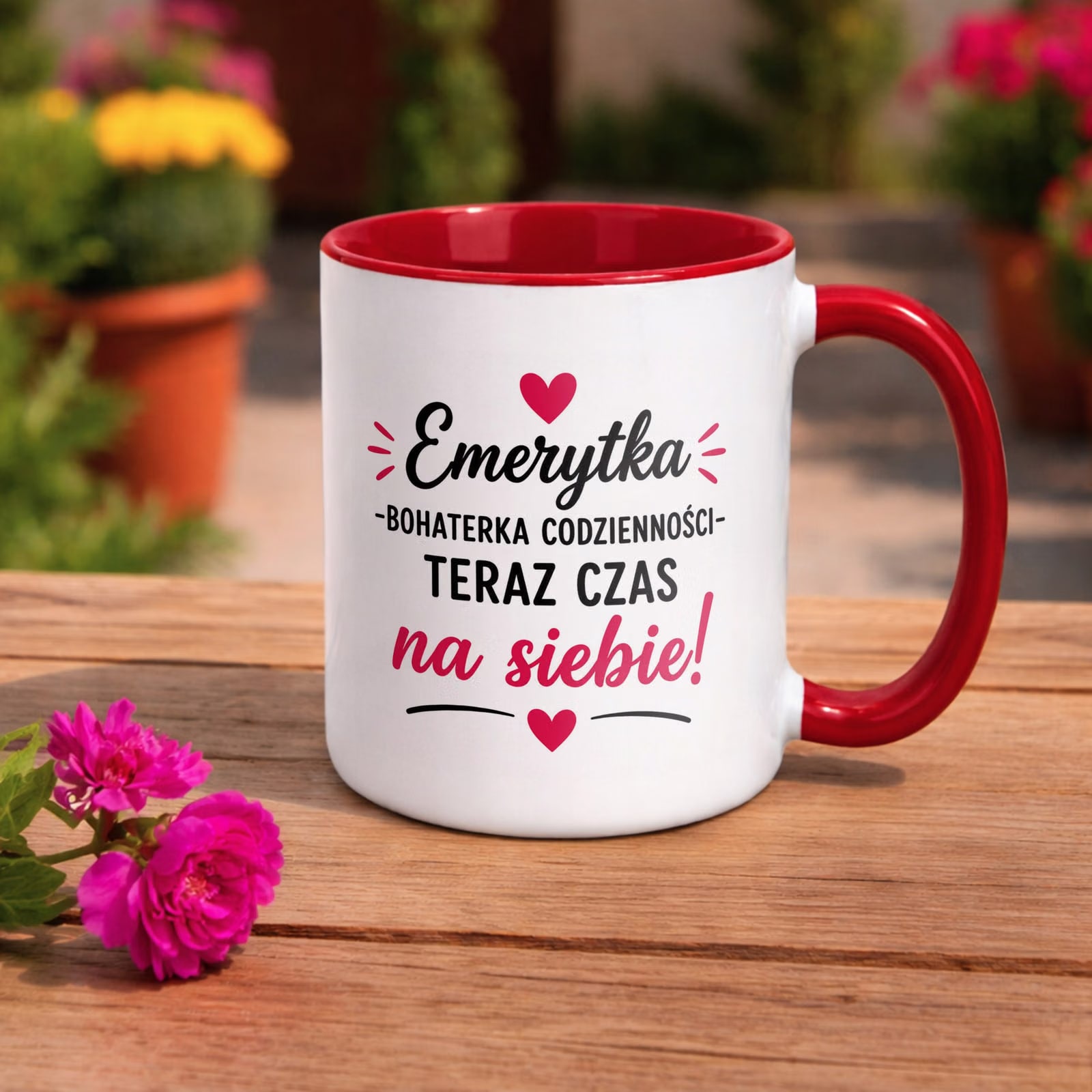 Kubek Czerwony z nadrukiem Emerytura Dla Emerytki Upominek Prezent