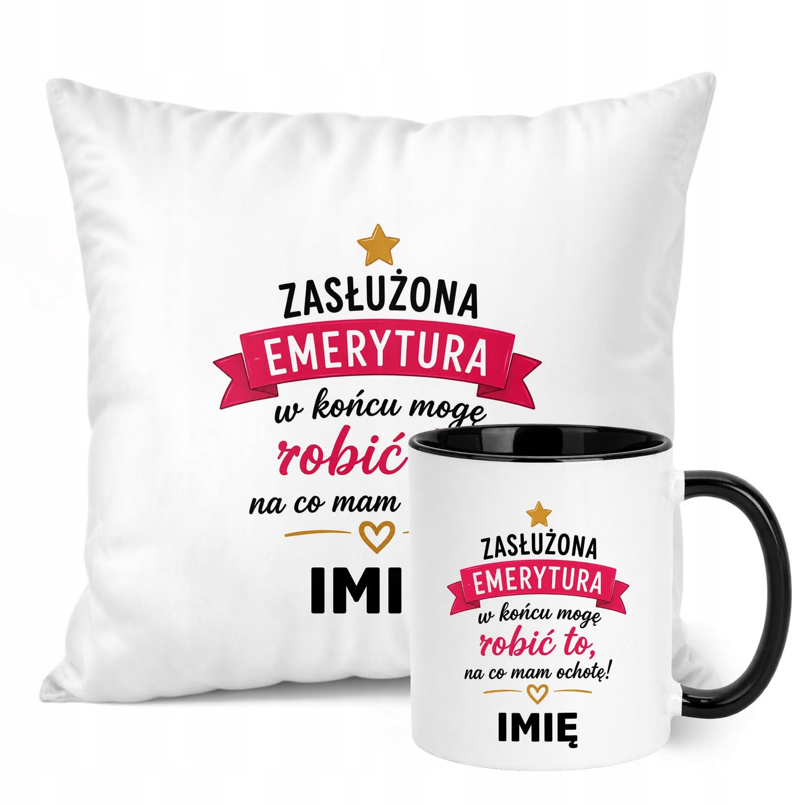Zestaw Personalizowany Kubek Czarny Poduszka Emerytura Upominek Prezent