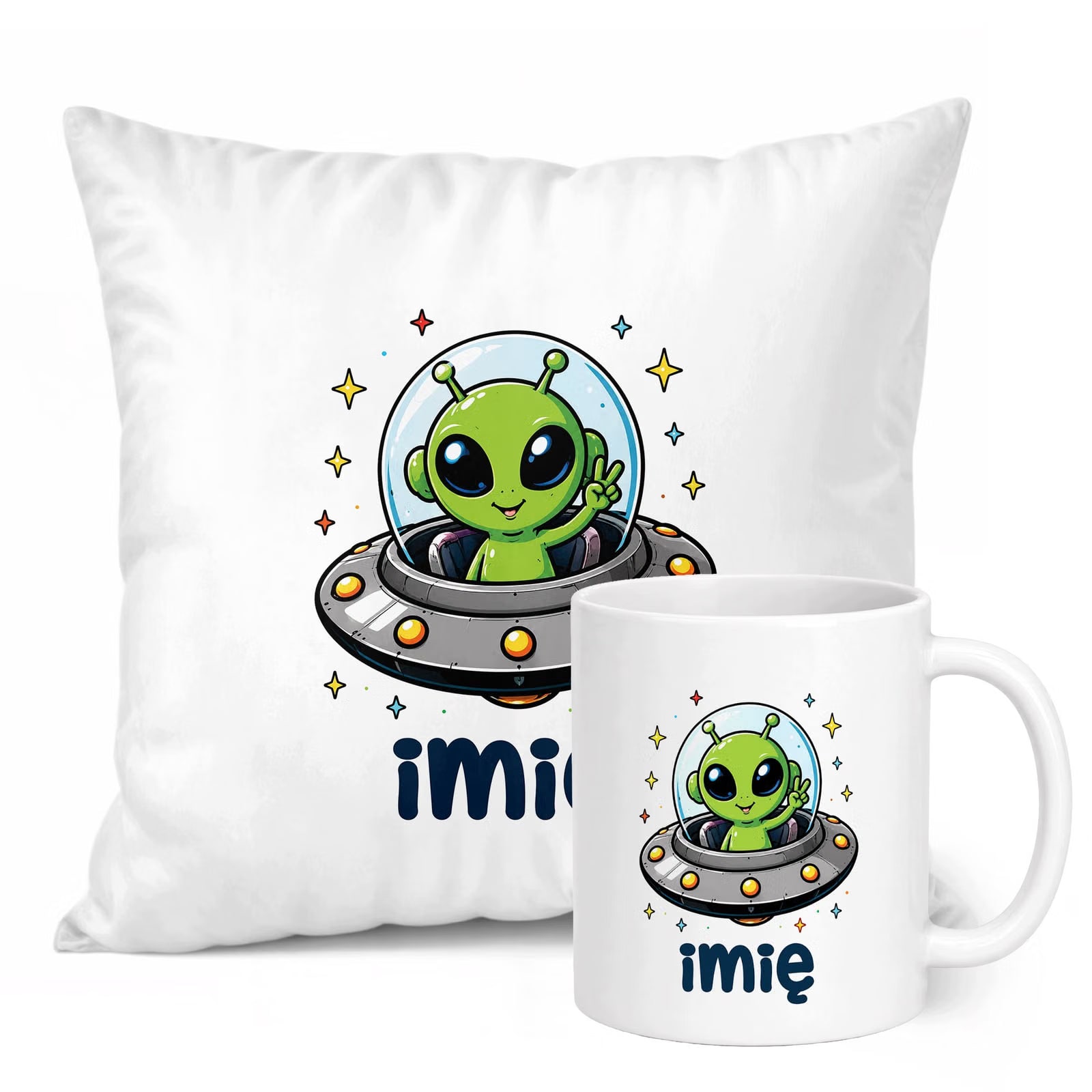 Zestaw Personalizowany Kubek Biały Poduszka Kosmita UFO Prezent