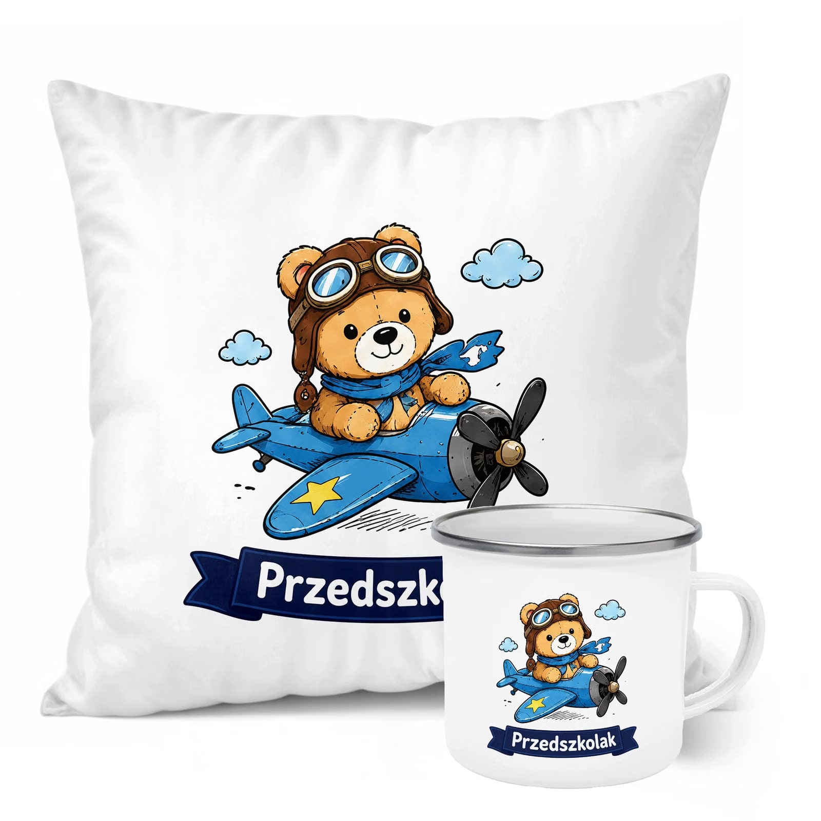Zestaw Kubek Emaliowany Poduszka Z Nadrukiem Przedszkolak Szkoła Prezent