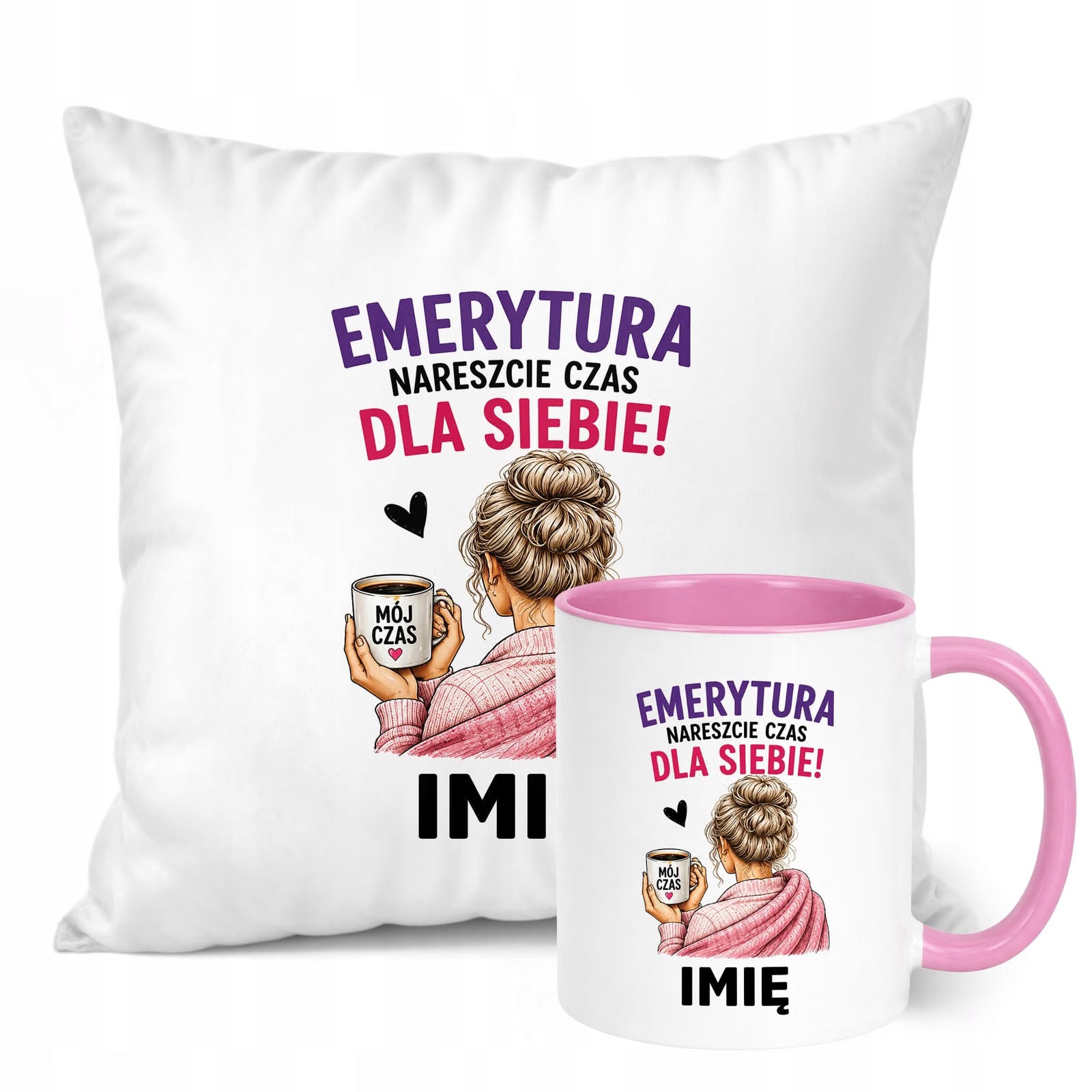 Zestaw Personalizowany Kubek Różowy Poduszka Emerytura Upominek Prezent