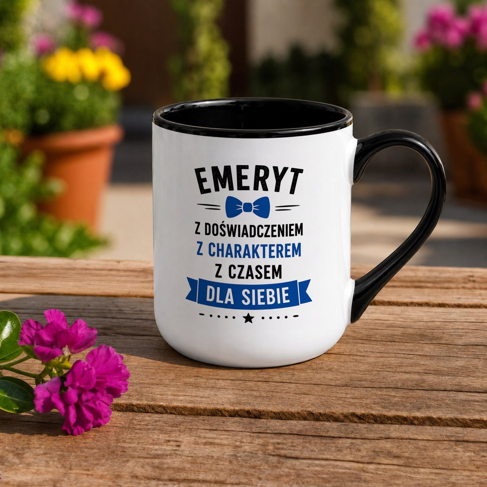 Kubek z nadrukiem Premium Czarny Emerytura Dla Emeryta Upominek Prezent