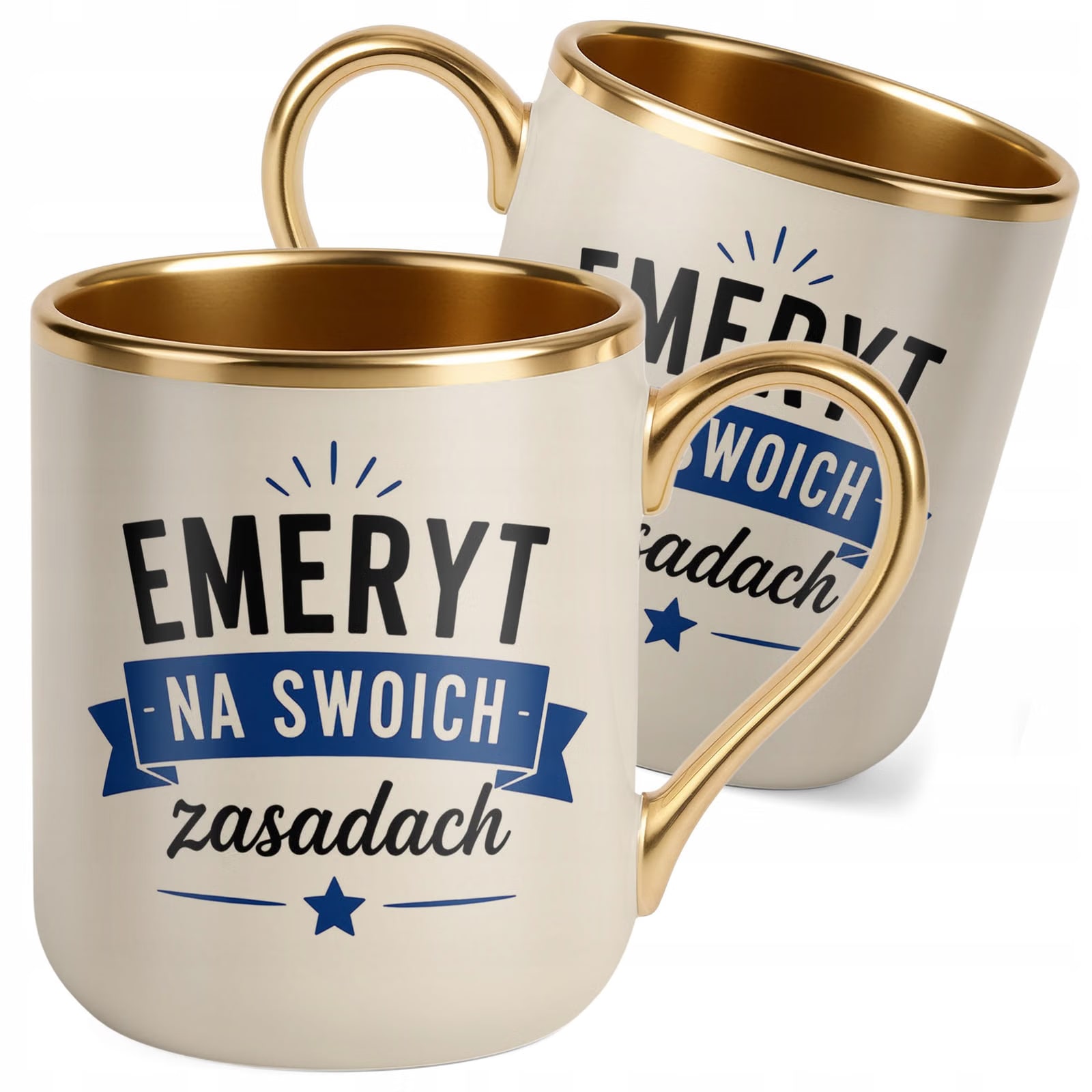 Kubek z nadrukiem Premium Złoty Ecru Emerytura Dla Emeryta Upominek Prezent