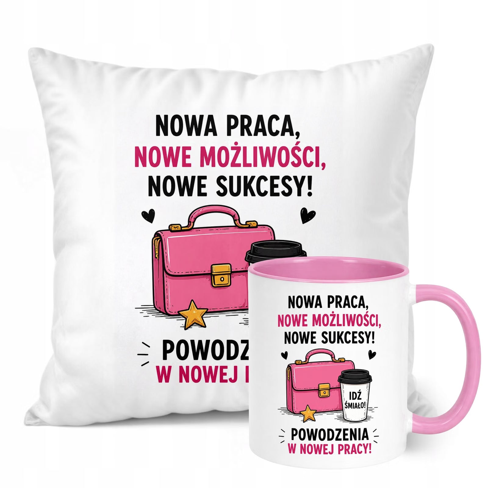Zestaw Kubek Różowy Poduszka Z Nadrukiem Odejście z Pracy Prezent