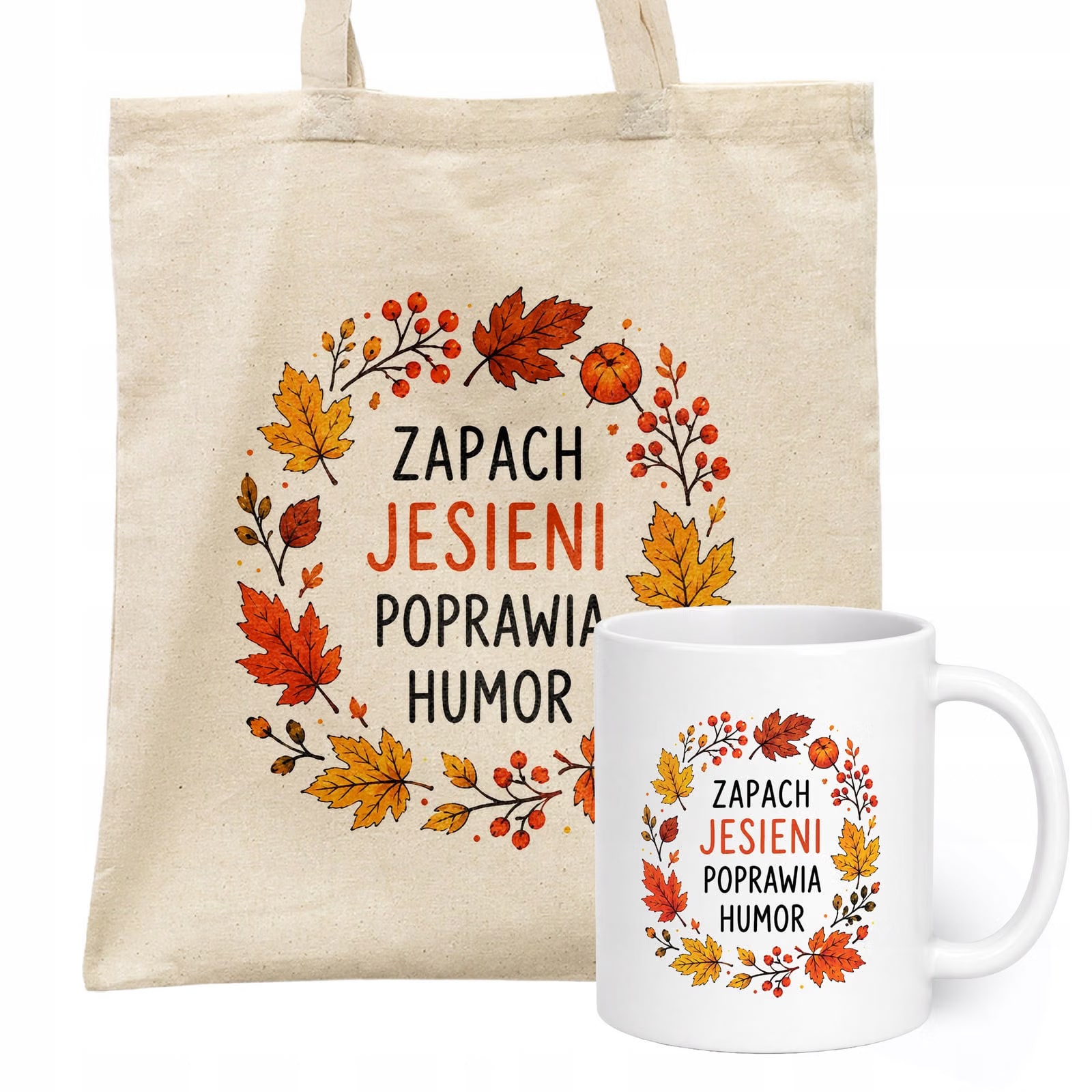 Zestaw Kubek Biały Torba Shopper Ecru Z Nadrukiem Jesień Jesienny Prezent