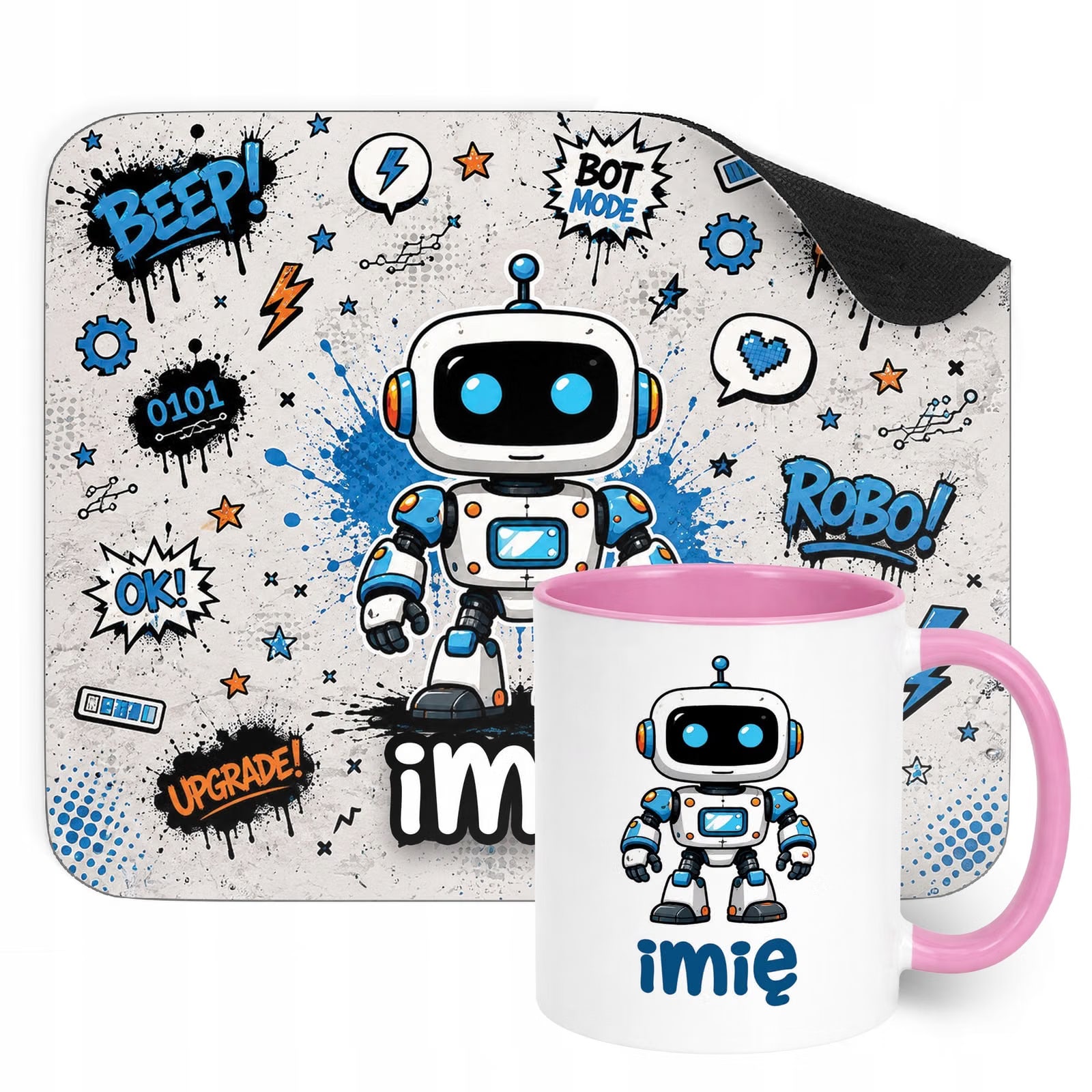 Zestaw personalizowany Kubek Różowy Podkładka pod mysz Robot