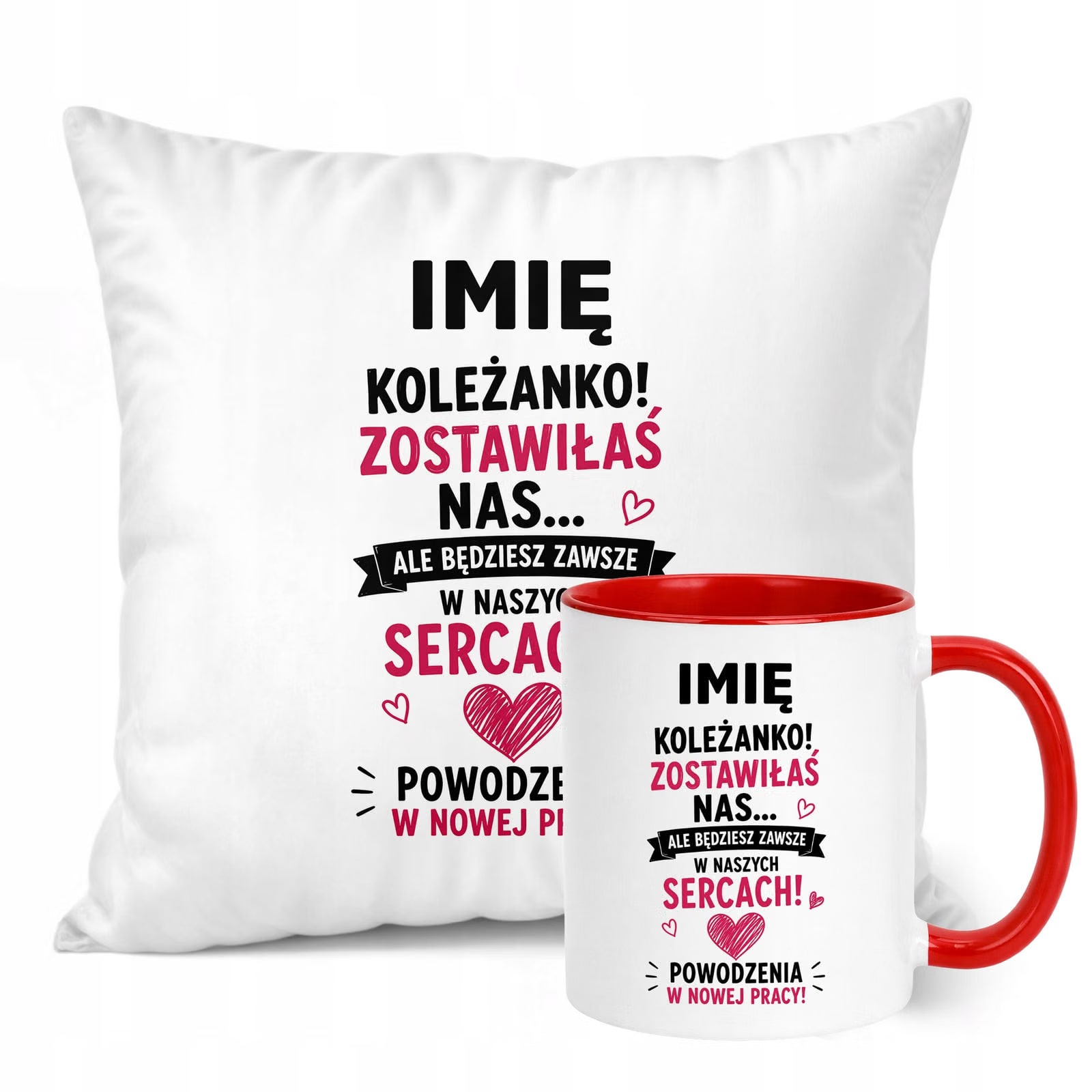 Zestaw Personalizowany Kubek Czerwony Poduszka Odejście z Pracy Prezent