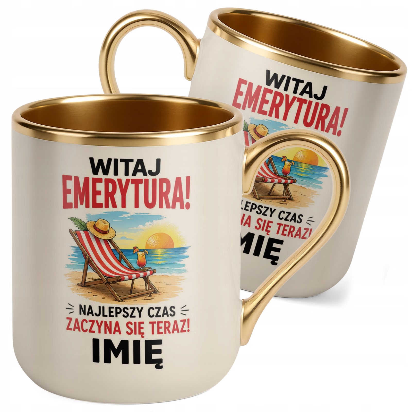 Kubek Personalizowany z nadrukiem Premium Złoty Ecru Emerytura Prezent