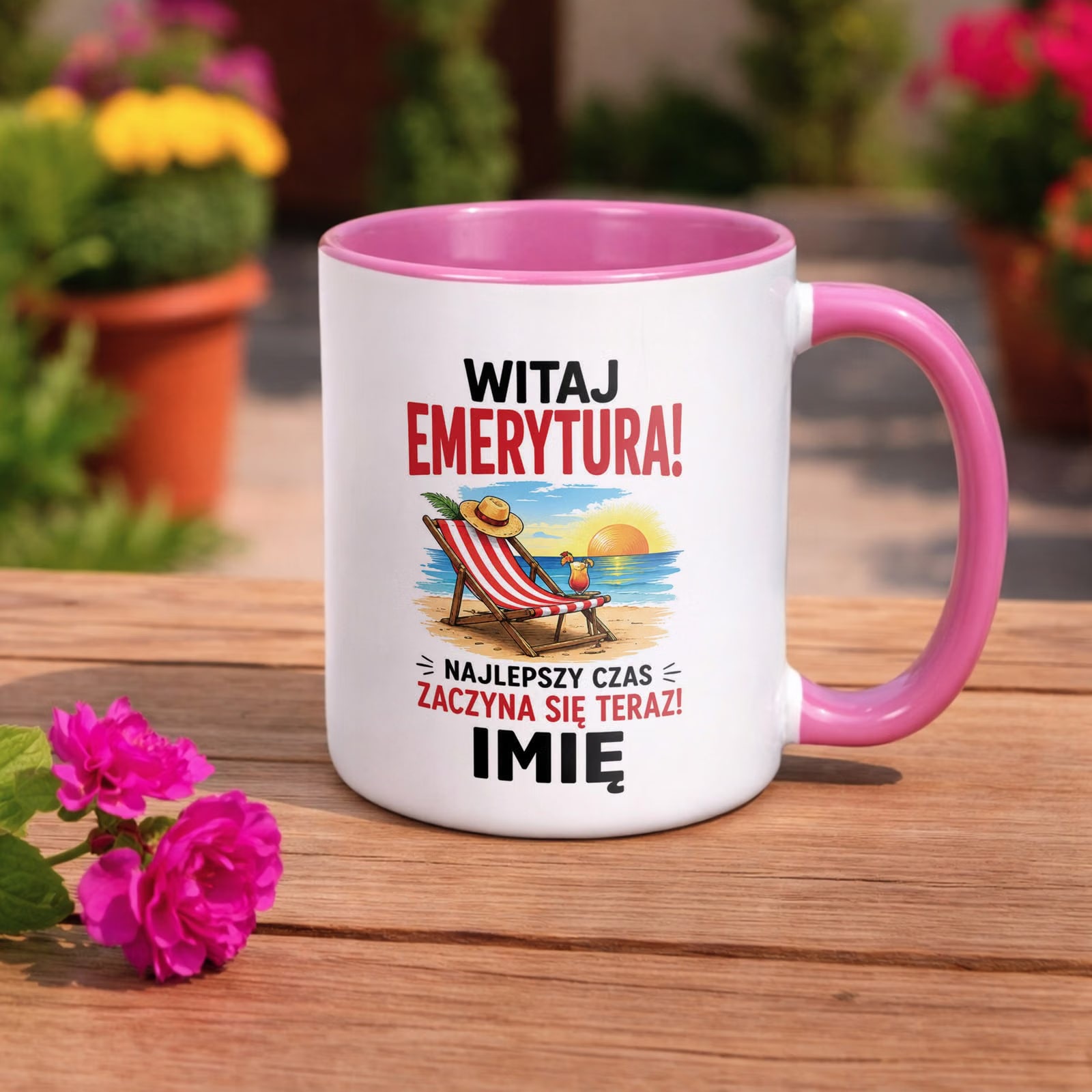 Kubek Różowy Personalizowany z Nadrukiem Emerytura Upominek Prezent
