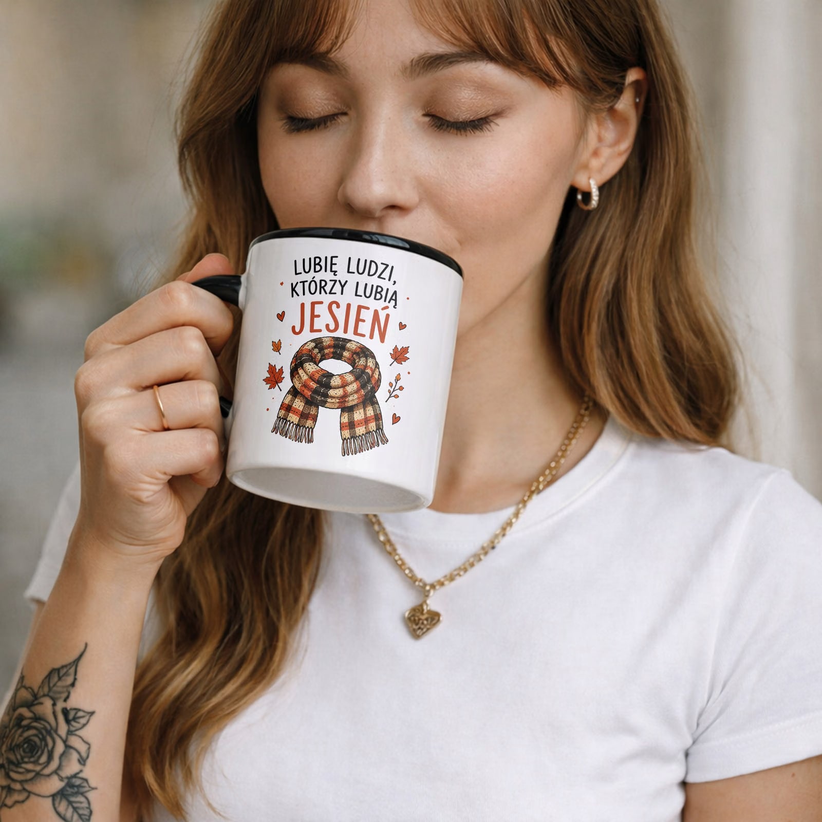 Zestaw Kubek Czarny Torba Shopper Ecru Z Nadrukiem Jesień Jesienny