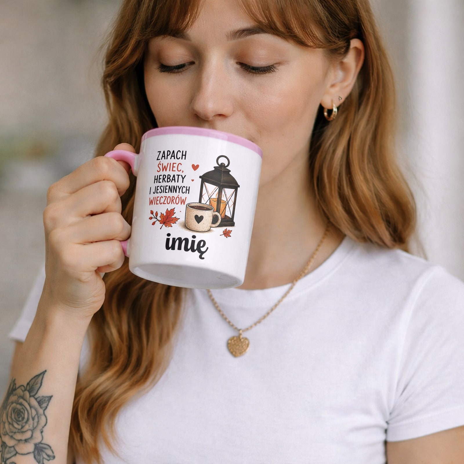Zestaw Personalizowany Kubek Różowy Poduszka Jesień Jesienny Z Nadrukiem