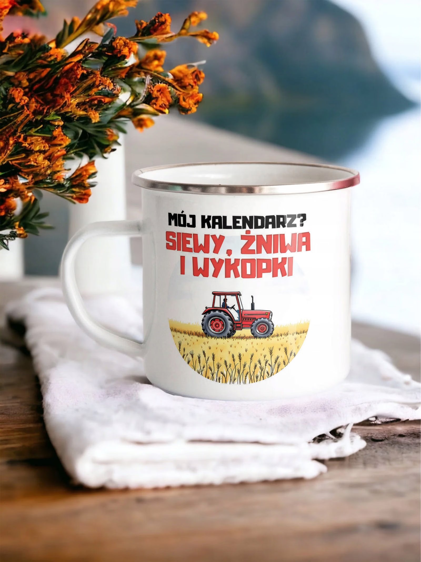 Kubek Emaliowany Rolnik Dla Rolnika Traktor z Nadrukiem Biały Metalowy