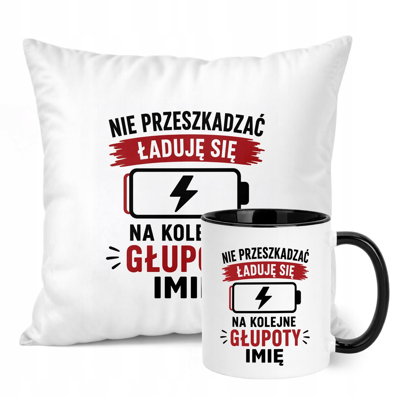 Zestaw Personalizowany Kubek Czarny Poduszka Dzień Chłopaka Z Nadrukiem