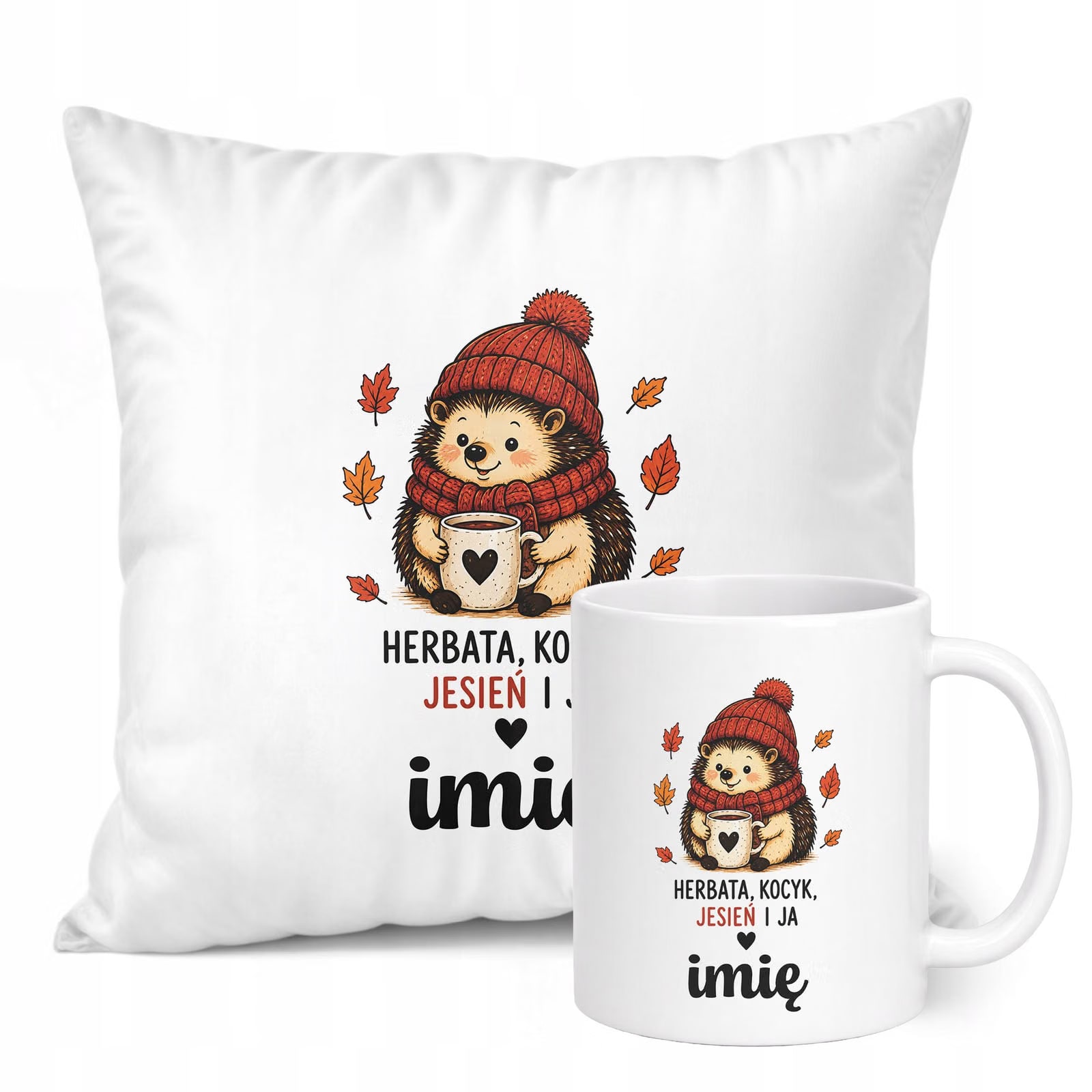 Zestaw Personalizowany Kubek Biały Poduszka Jesień Jesienny Z Nadrukiem