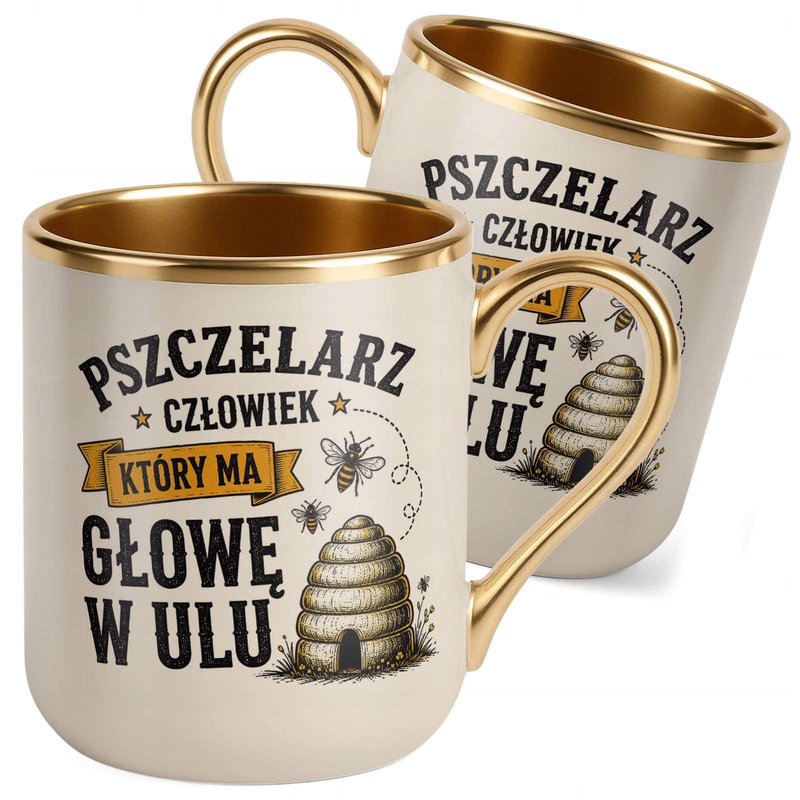 Kubek z nadrukiem Premium Złoty Ecru Dla Pszczelarza Szef Pasieki Prezent