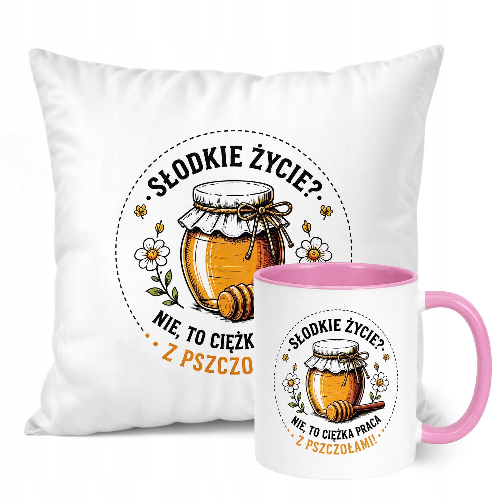 Zestaw Kubek Różowy Poduszka Z Nadrukiem Dla Pszczelarza Prezent