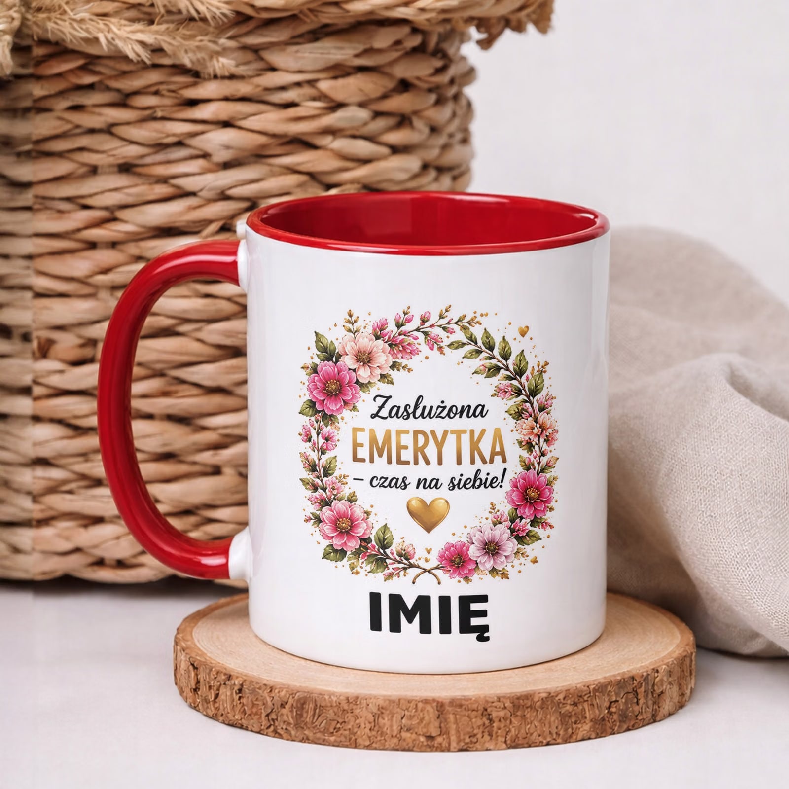 Kubek Czerwony Personalizowany z Nadrukiem Emerytura Dla Emerytki Prezent