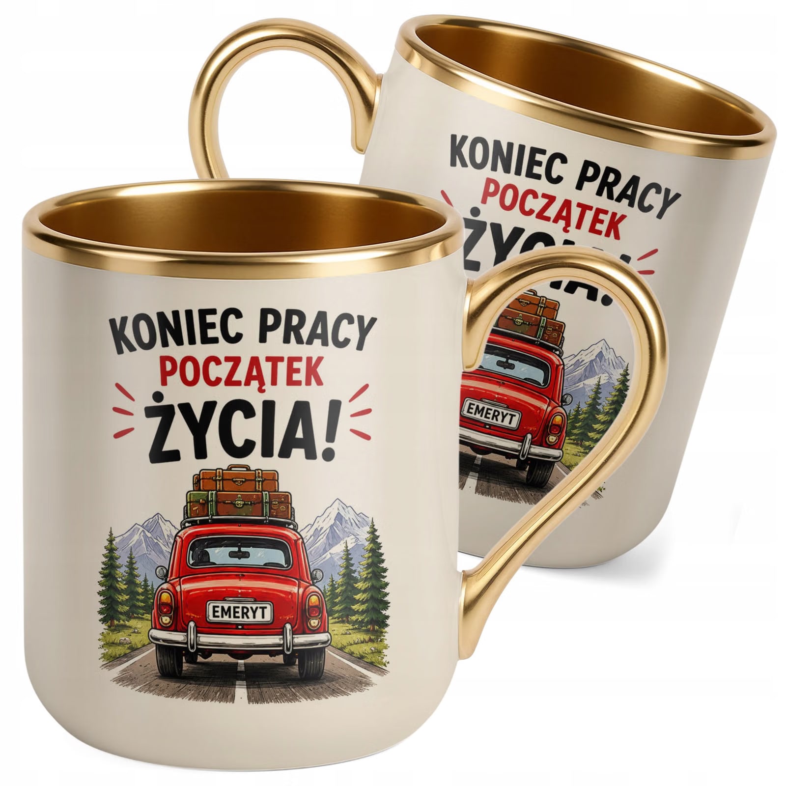 Kubek z nadrukiem Premium Złoty Ecru Emerytura Dla Emeryta Emerytki Prezent