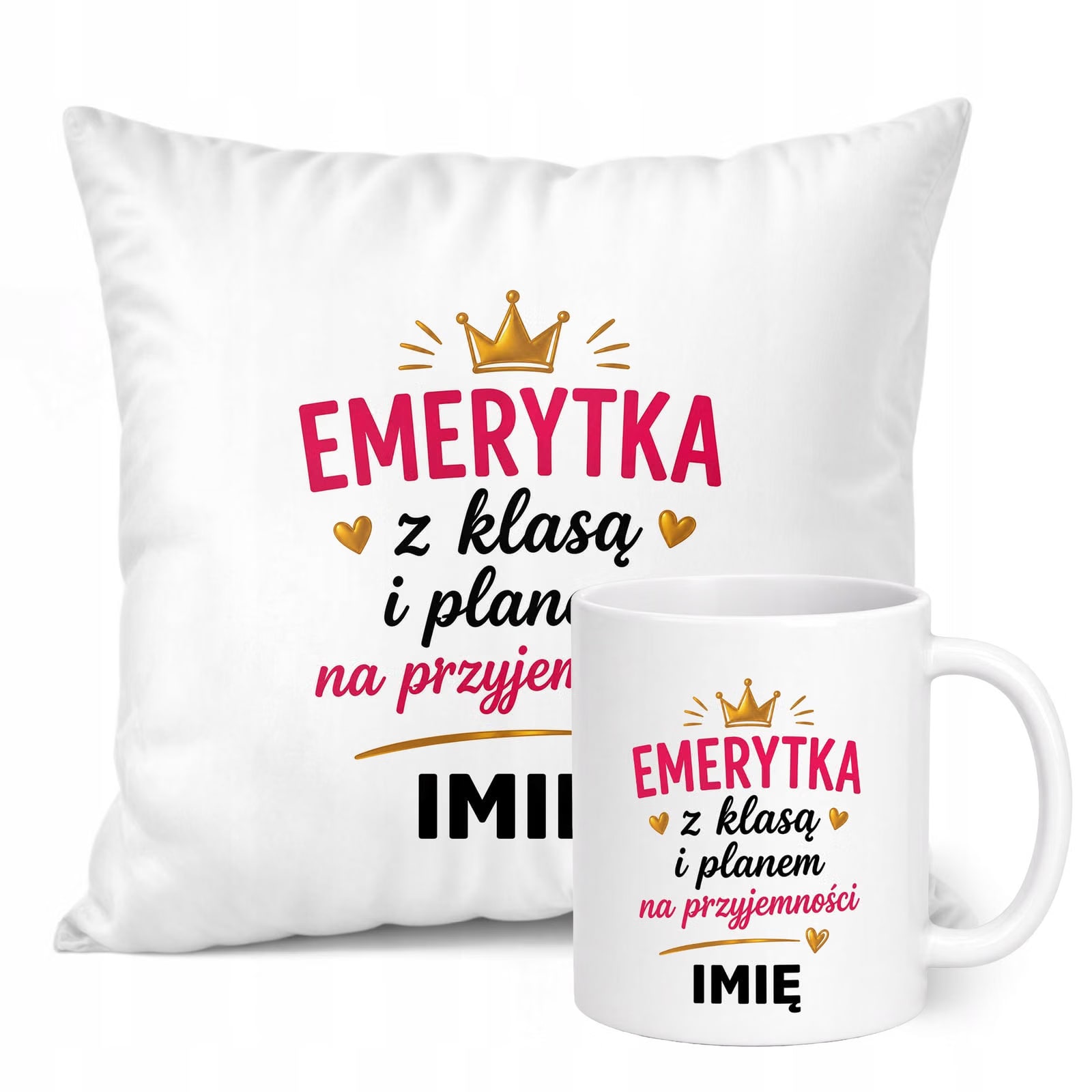 Zestaw Personalizowany Kubek Biały Poduszka Emerytura Dla Emerytki Prezent