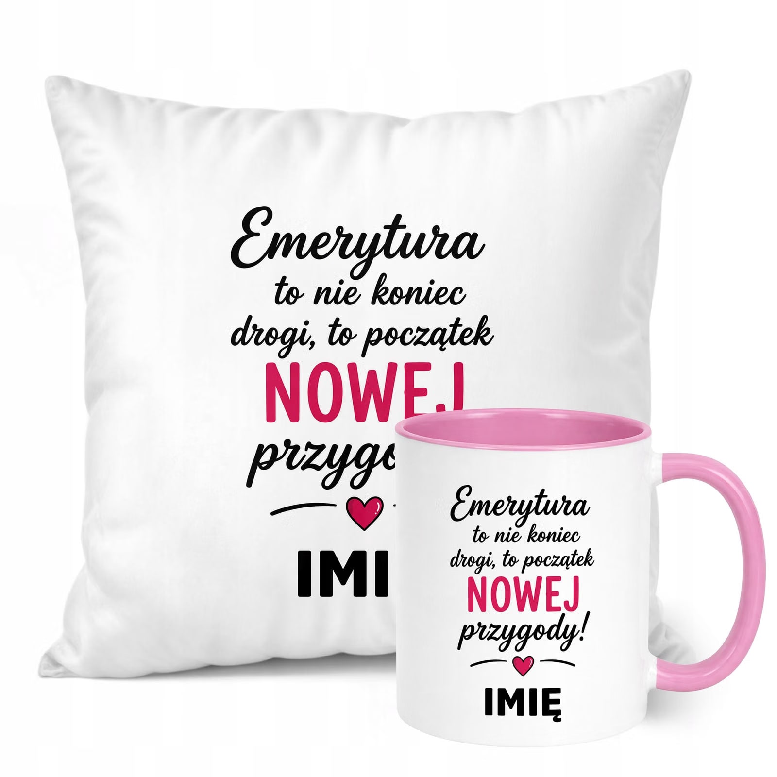 Zestaw Personalizowany Kubek Różowy Poduszka Emerytura Upominek Prezent