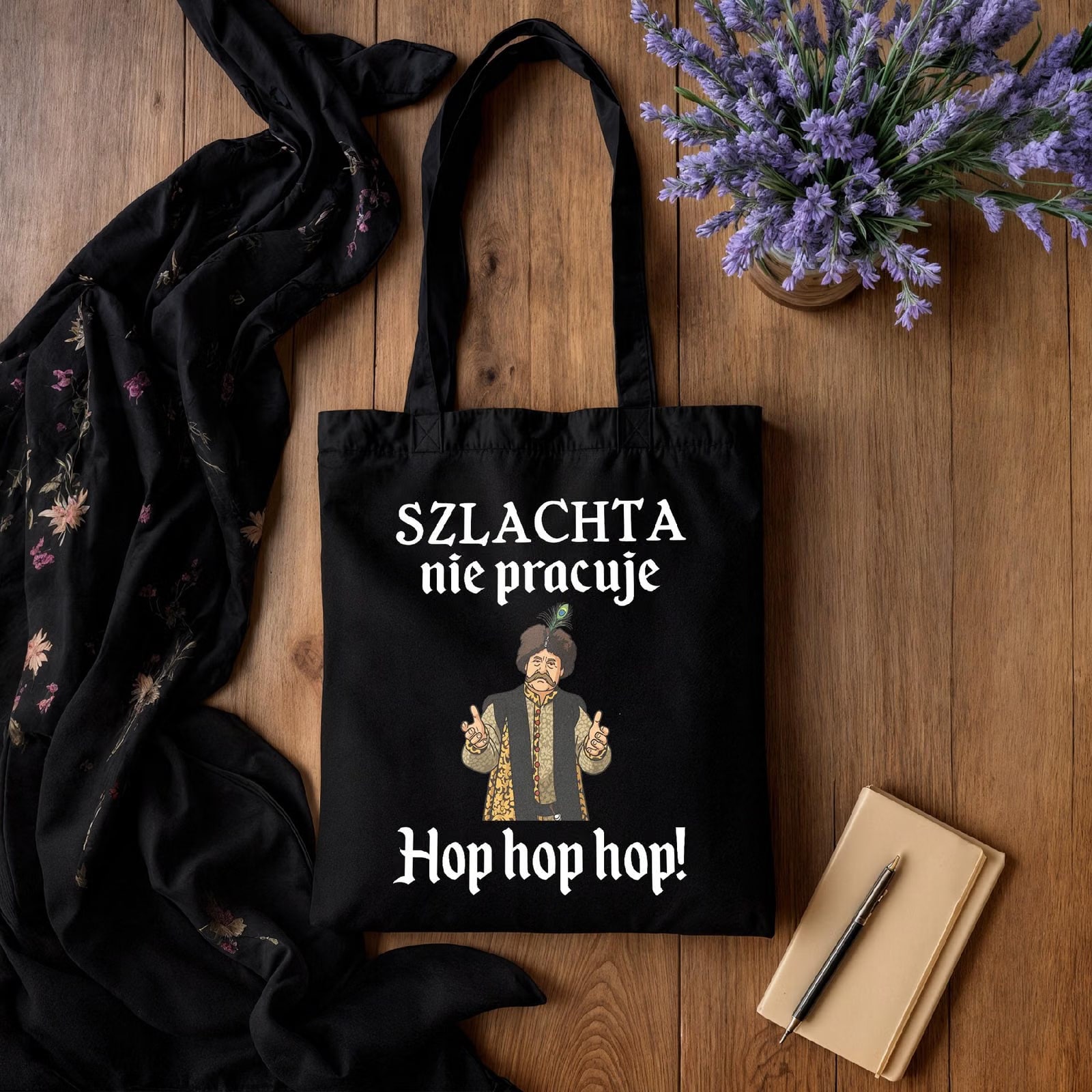 Torba bawełniana czarna na zakupy 1670 Szlachta Nie Pracuje Hop Hop Hop