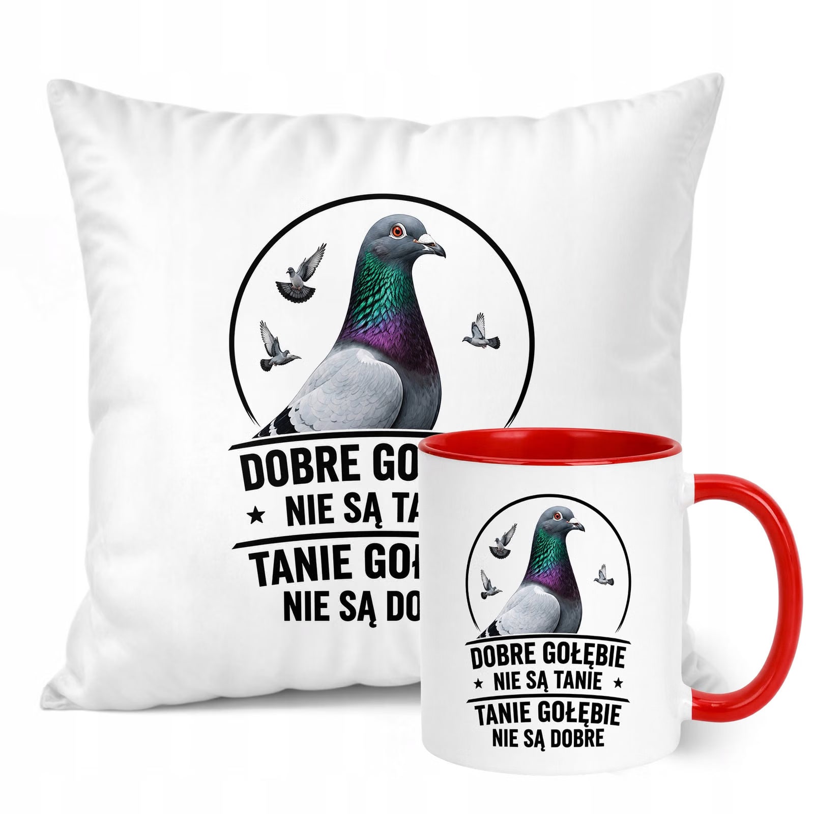 Zestaw Kubek Czerwony Poduszka Z Nadrukiem Dla Gołębiarza Prezent