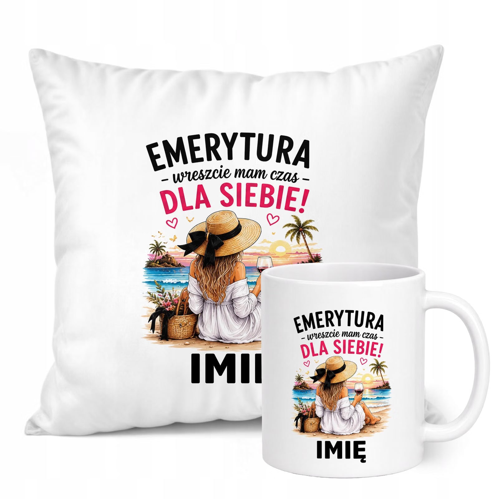 Zestaw Personalizowany Kubek Biały Poduszka Emerytura Dla Emerytki Prezent