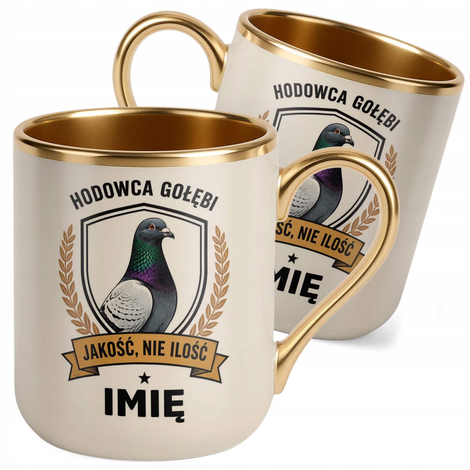 Kubek Personalizowany z nadrukiem Premium Złoty Ecru Dla Gołębiarza Prezent